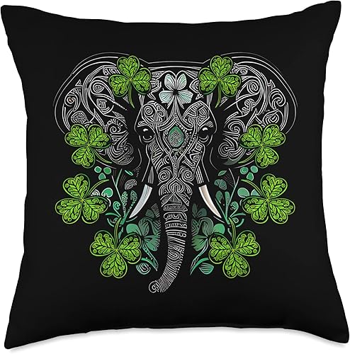 Saint Patricks Day Elephant Mandala Animal Almohada de cabeza de elefante con mandala trébol irlandés trébol de San Patricio 18 x 18 pulgadas