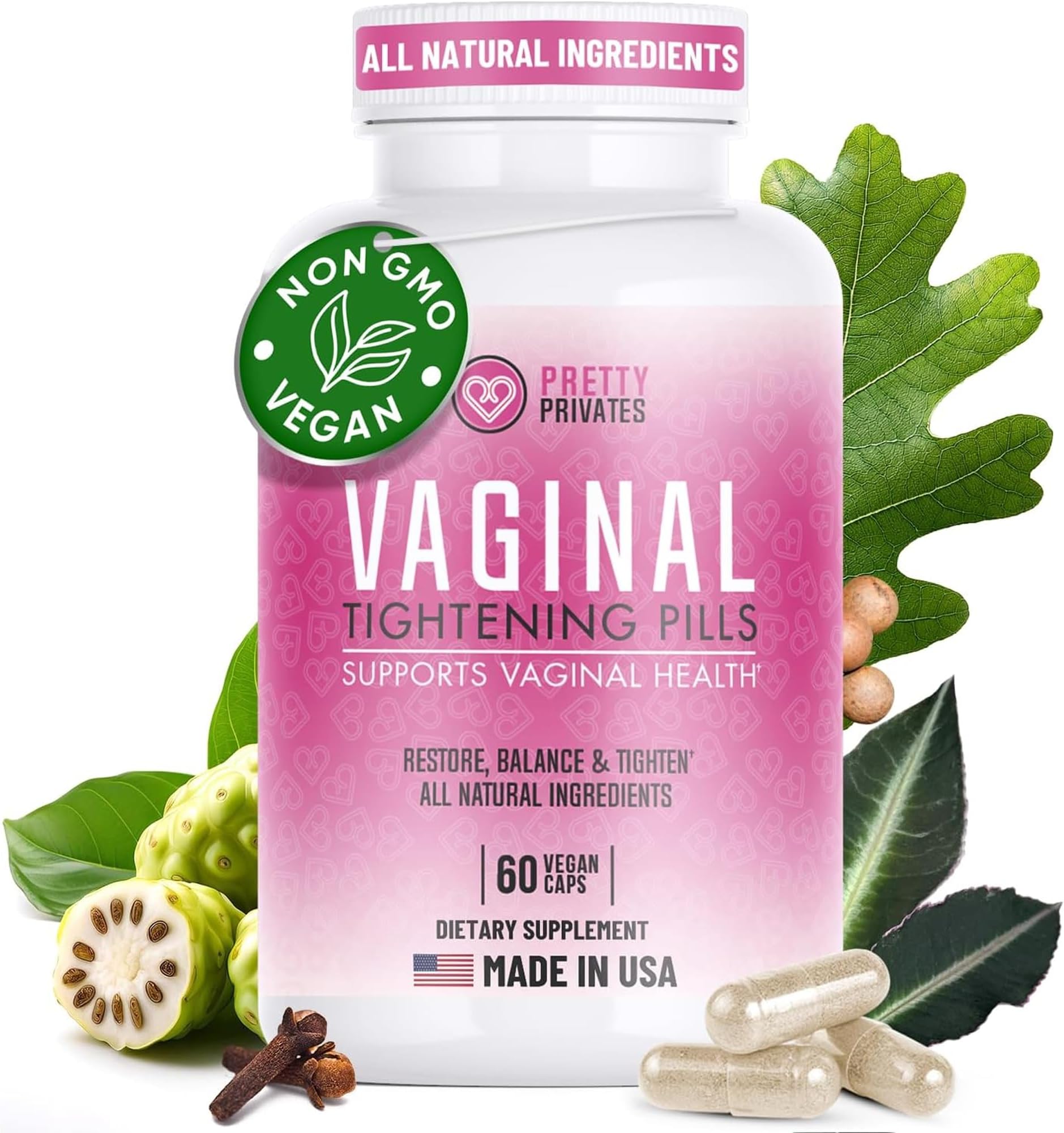 Pretty Privates Vaginal Tightening Pills for Women - Natural Intimate Health Supplement with Kacip Fatimah Manjakani & Noni Fruit - Elasticity Moisture & Wetness Support - 60 Capsules 1 Month Supply