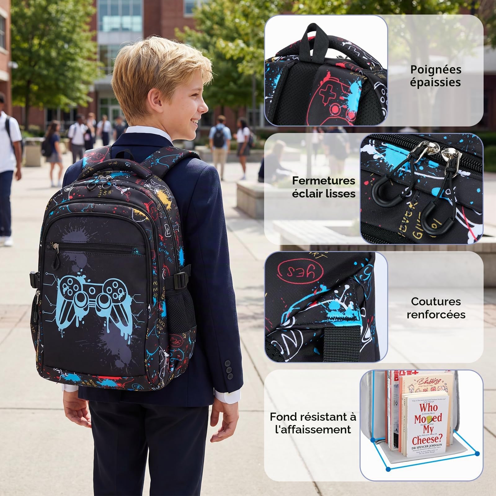 Amythe Cartable Garçon Primaire - Sac à Dos Garçon Collège Lumineux Nocturne avec Compartiment 15.6“ Pc, Ergonomique, Grand Sac D'école Loisirs Imperméable pour Ados 9-16 ans