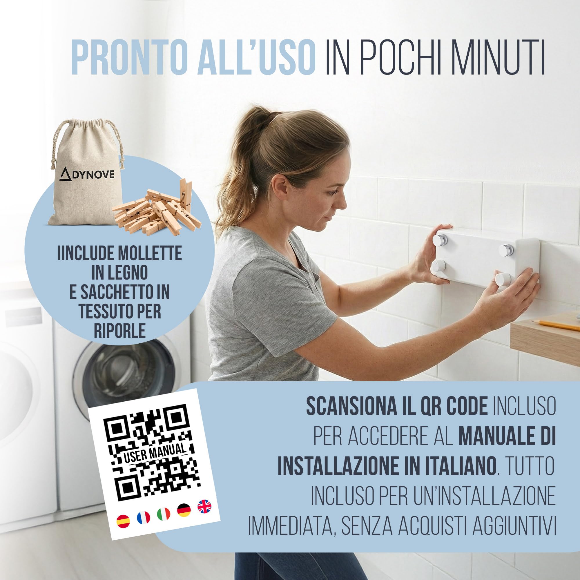 Filo Stendibiancheria Retrattile da Parete con doppia corda in acciaio da 4,2 m Stendibiancheria a Scomparsa Salvaspazio per bagno e balcone - Mollette in legno e sacchetto in tessuto inclusi