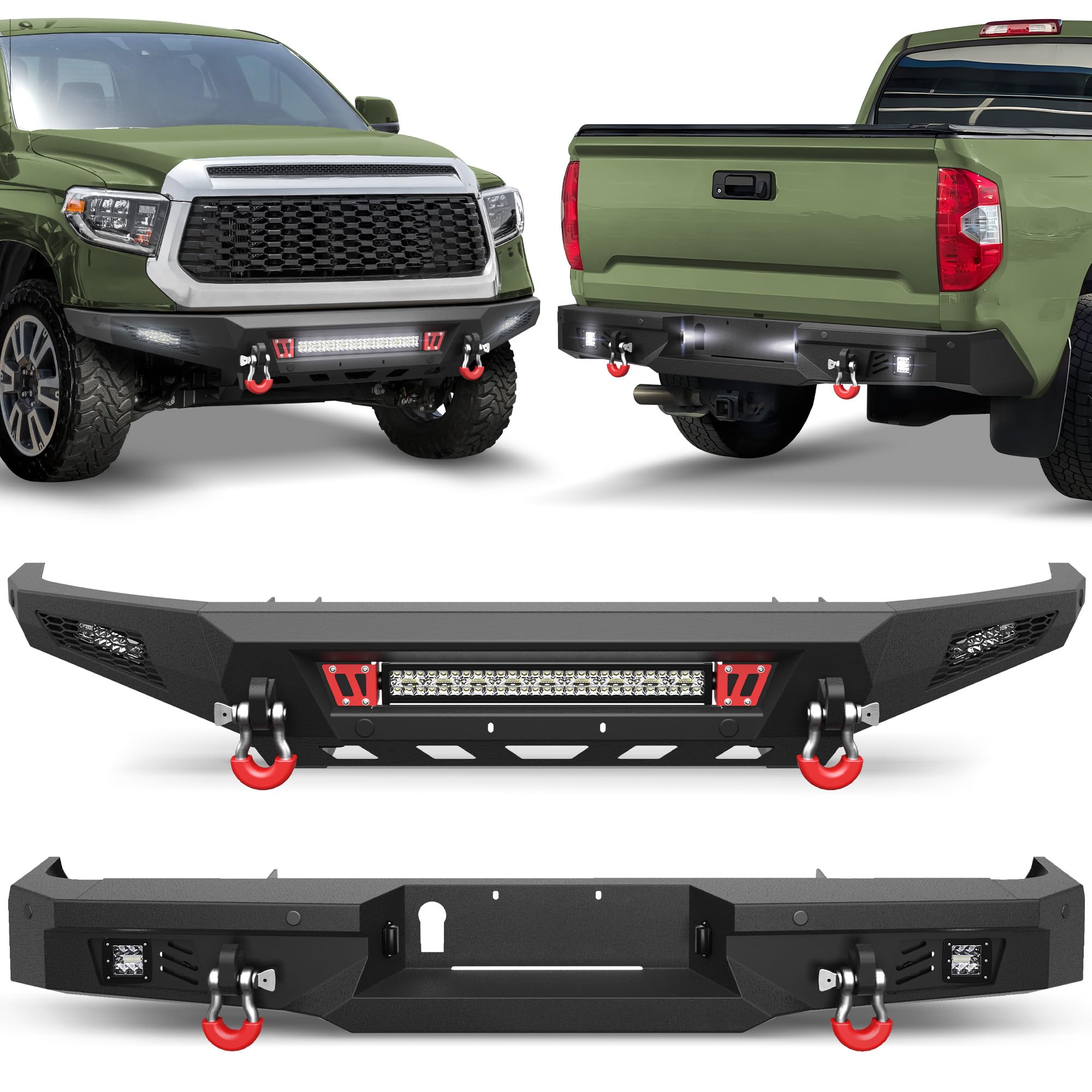 Tundra Front + Rear Bumper Set for 2014-2021 Toyota Tundra Pickup, w/LED Lights, License Plate Lights and D-rings