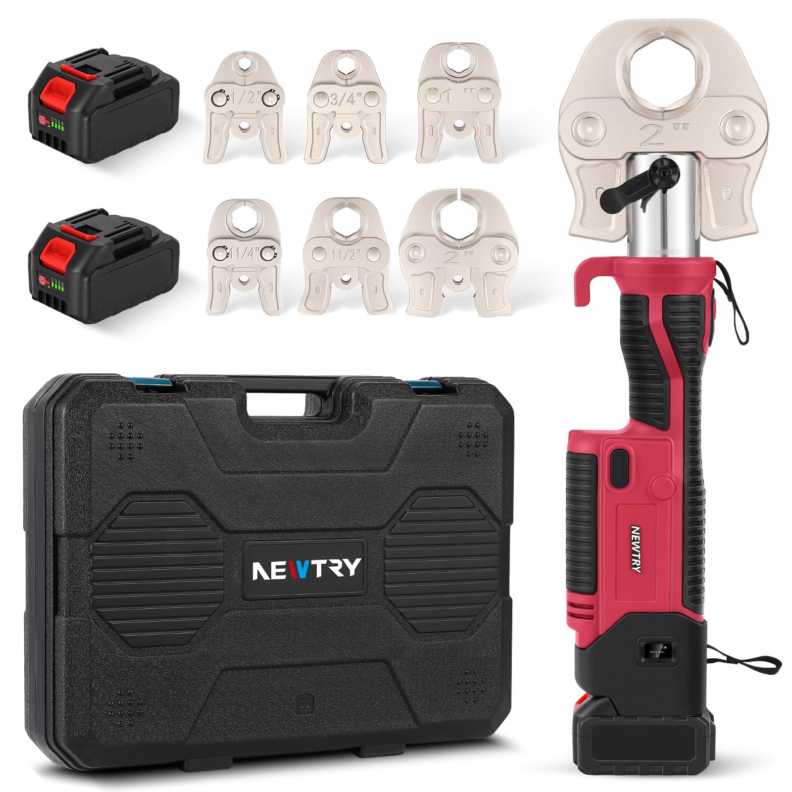 NEWTRY Pro Press Tool Kit Hydraulic Electric Pipe Crimping Tool 1/2",3/4",1",1-1/4",1-1/2", 2" Jaws 350° Rotatable Head Rechargeable 2pcs 5000mAh Batteries for Stainless Steel Copper PEX Pipes