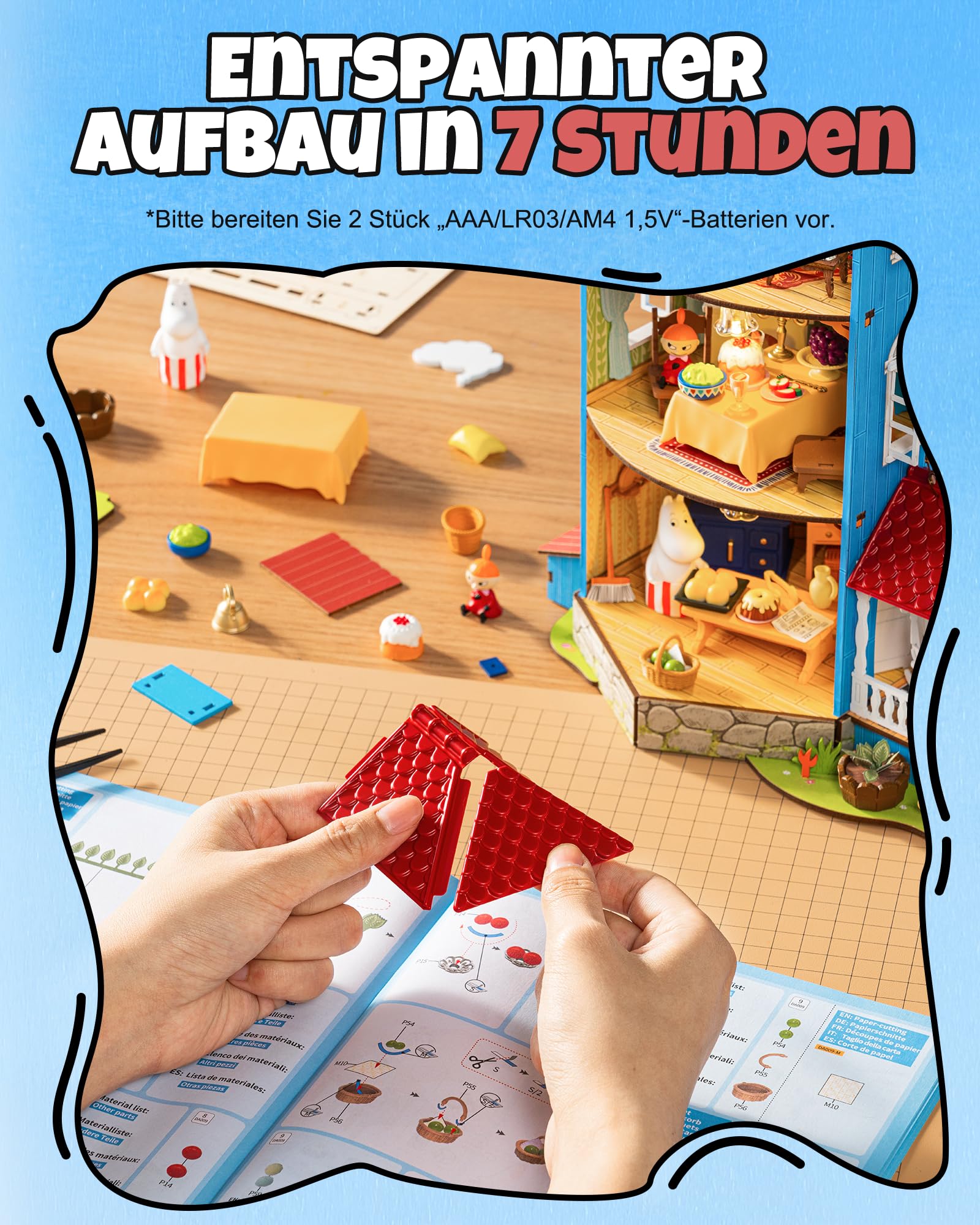 Rolife DIY Miniatur Puppenhaus Moominhouse 441 Teile Holz Bausatz | Offizielles Moomin 3D Holzpuzzle, 4-Ebenen Moominhaus mit LED, 4 Figuren, Klebstofffreies Bastelset, Deko Geschenk