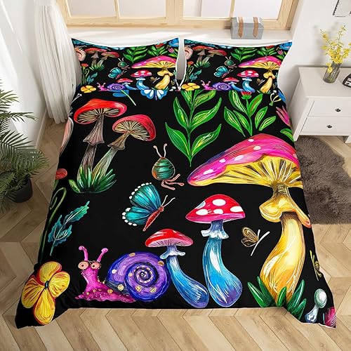 Miniatura 1 de Erosebridal Funda de edredón botánica, decoración de hongos rojos, juego de ropa de cama de mariposa azul, hojas de bosque, hojas verdes, funda de
