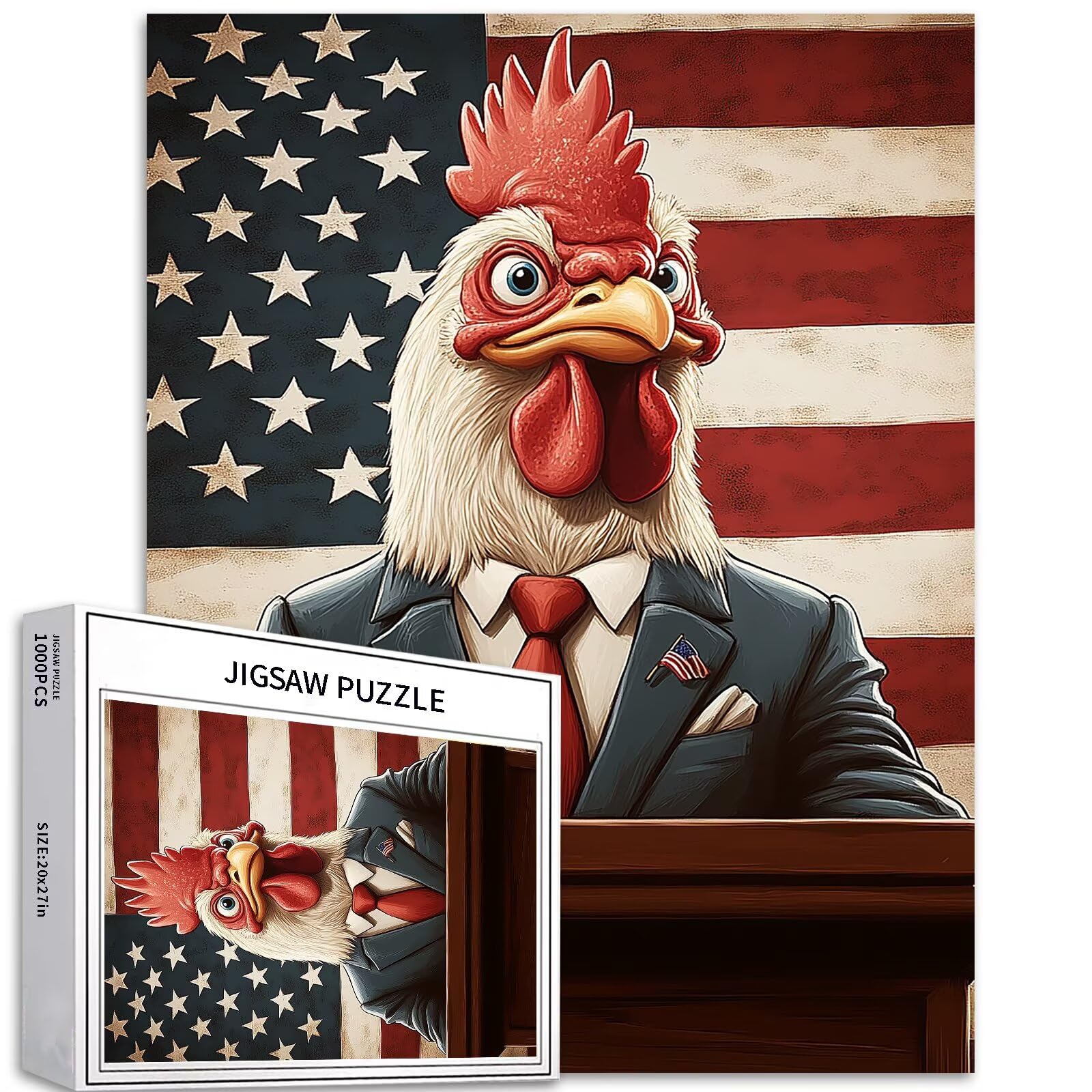 Chicken President 1000 Piece Jigsaw Puzzles for Adults American Flag Background Art Jigsaw Puzzle Challenging Family Activity Games Colorful DIY Craft