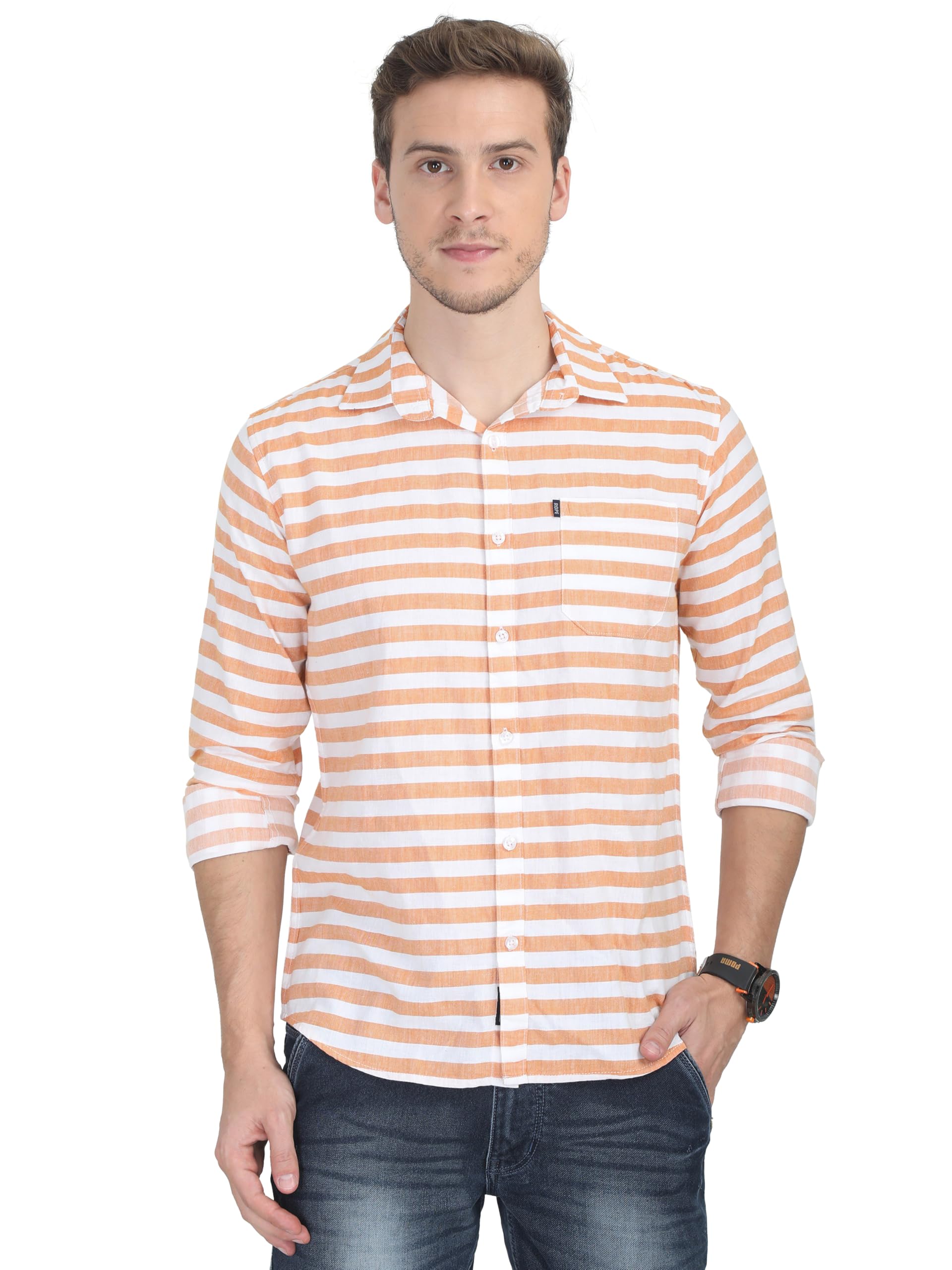 Rope Men Slim Fit Striped Spread Collar Casual Shirt Orange-picture-12
