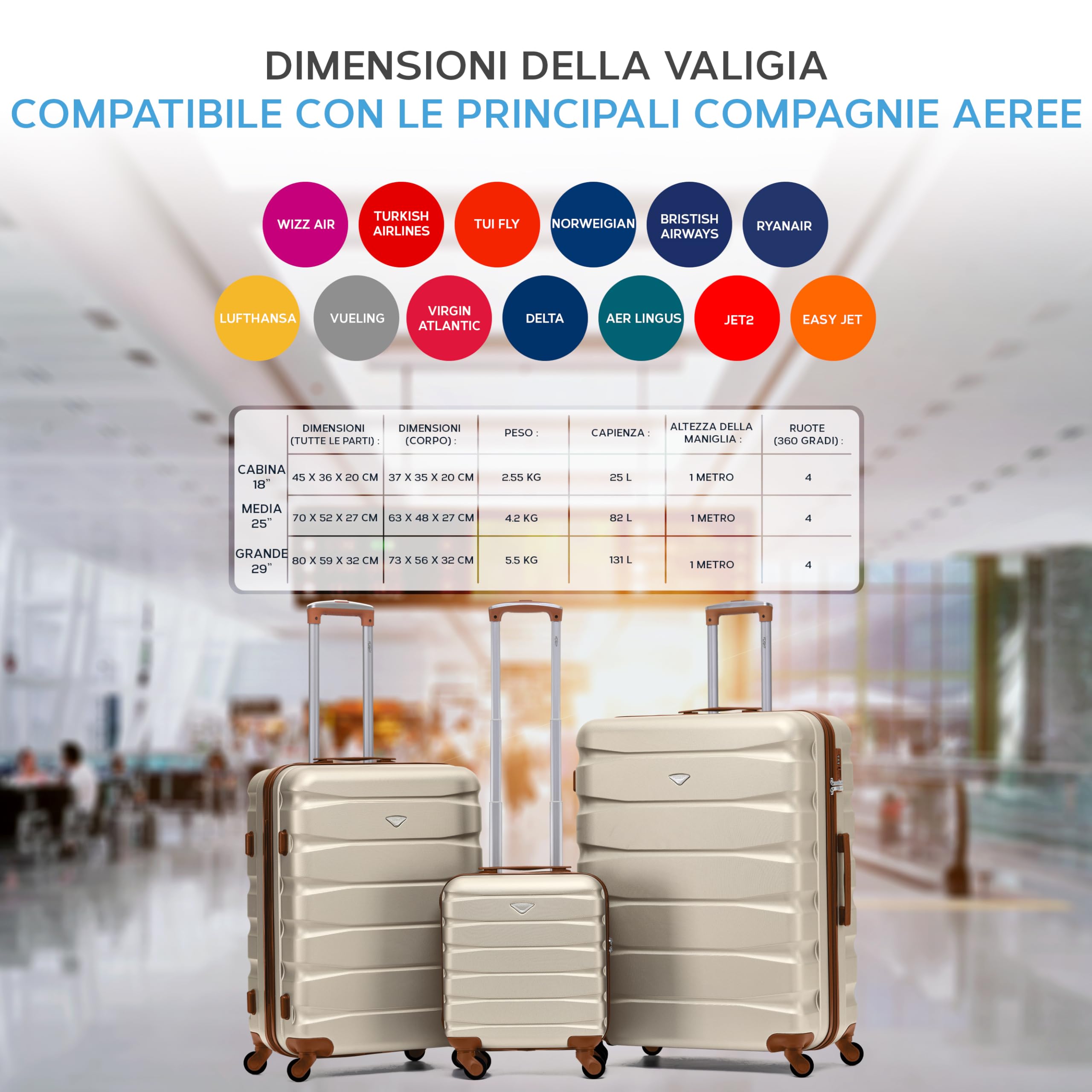 Flight Knight Valigie Rigide in ABS Leggere Con 4 Ruote, Da Cabina E Stiva, Approvate per Oltre 100 Compagnie Aeree Tra Cui Easyjet, British Airways, Ryanair, Virgin Atlantic, Emirates E Molte Altre
