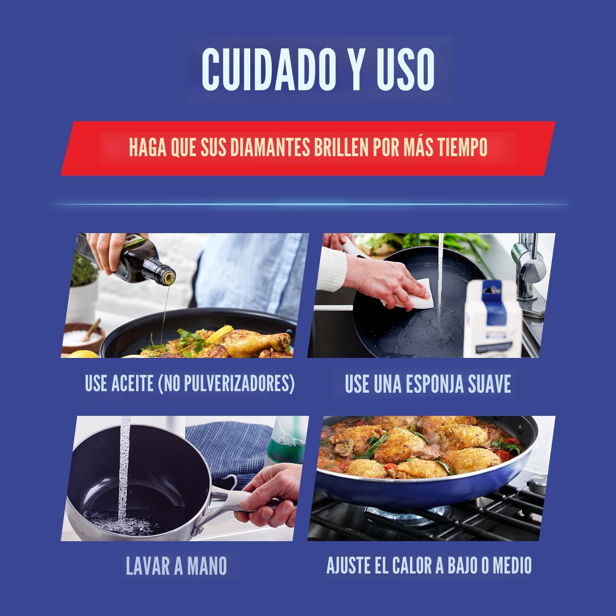 Blue Diamond Cookware Batería de Cocina Antiadherente de Ceramica Infuso de Diamantes, 7 piezas, Incluye Sartén, Cacerola, Aluminio, Sin PFAS, Inducción, Horno y Lavavajillas, Azul