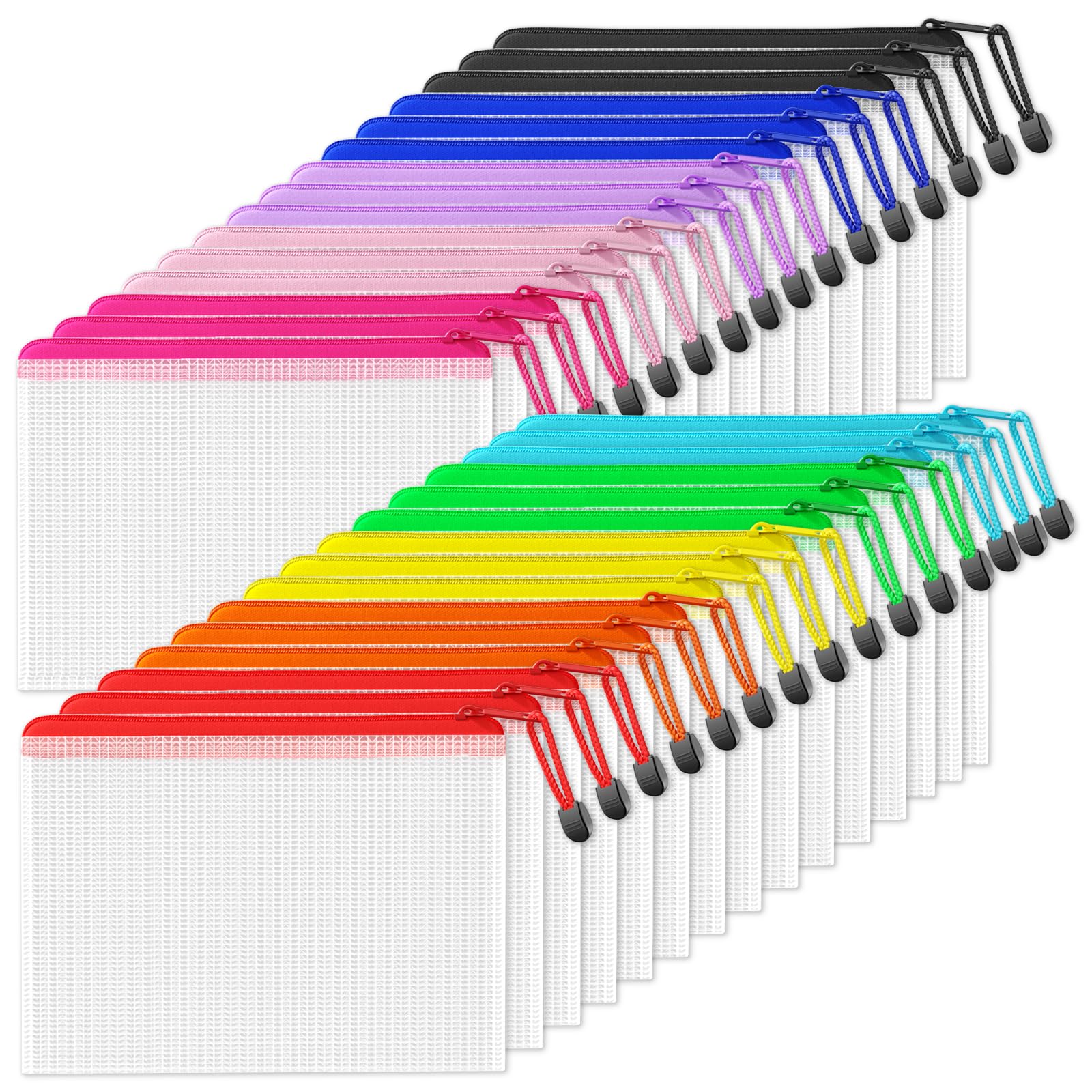 SUNEE Mesh Zipper Pouch 6.8x9.2 in (10 Colors, 30 Packs), Mesh Bags with Zipper for School Office Supplies, Puzzles & Games, Travel Accessories