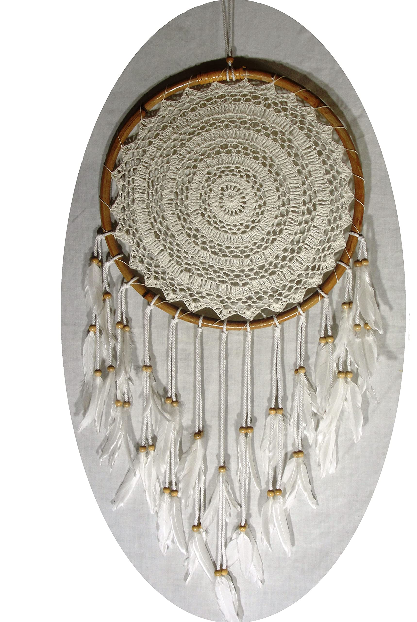 Großer Traumfänger Dreamcatcher gehäkelt weiss Ø ca 40 cm mit Bambusrahmen Wanddeko Raumschmuck Raumdeko Dekoaccessoire Mobilee-Aufhänger