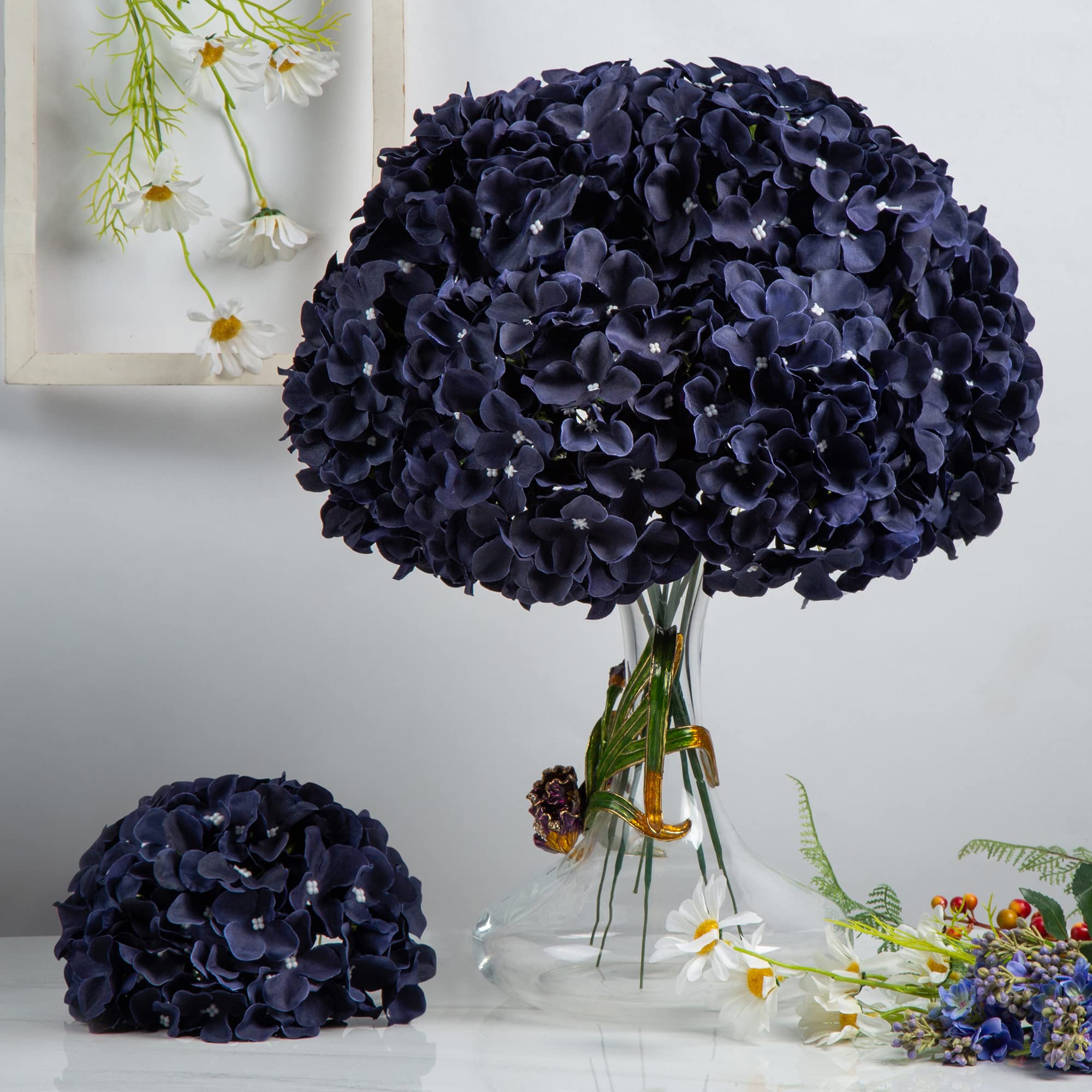 DuHouse Artificial Bigger Silk Hydrangea Flower Heads with Stem Realistic Fake Hydrangea Flower Bouquets for Wedding Home Party Garden Centerpiece Pack of 6(Navy Blue) - Image 4