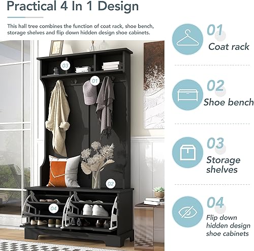 Miniatura 6 de Árbol de madera todo en uno con 3 estantes superiores y 2 cajones de almacenamiento de zapatos, banco y 4 ganchos de metal, organizador para uso en