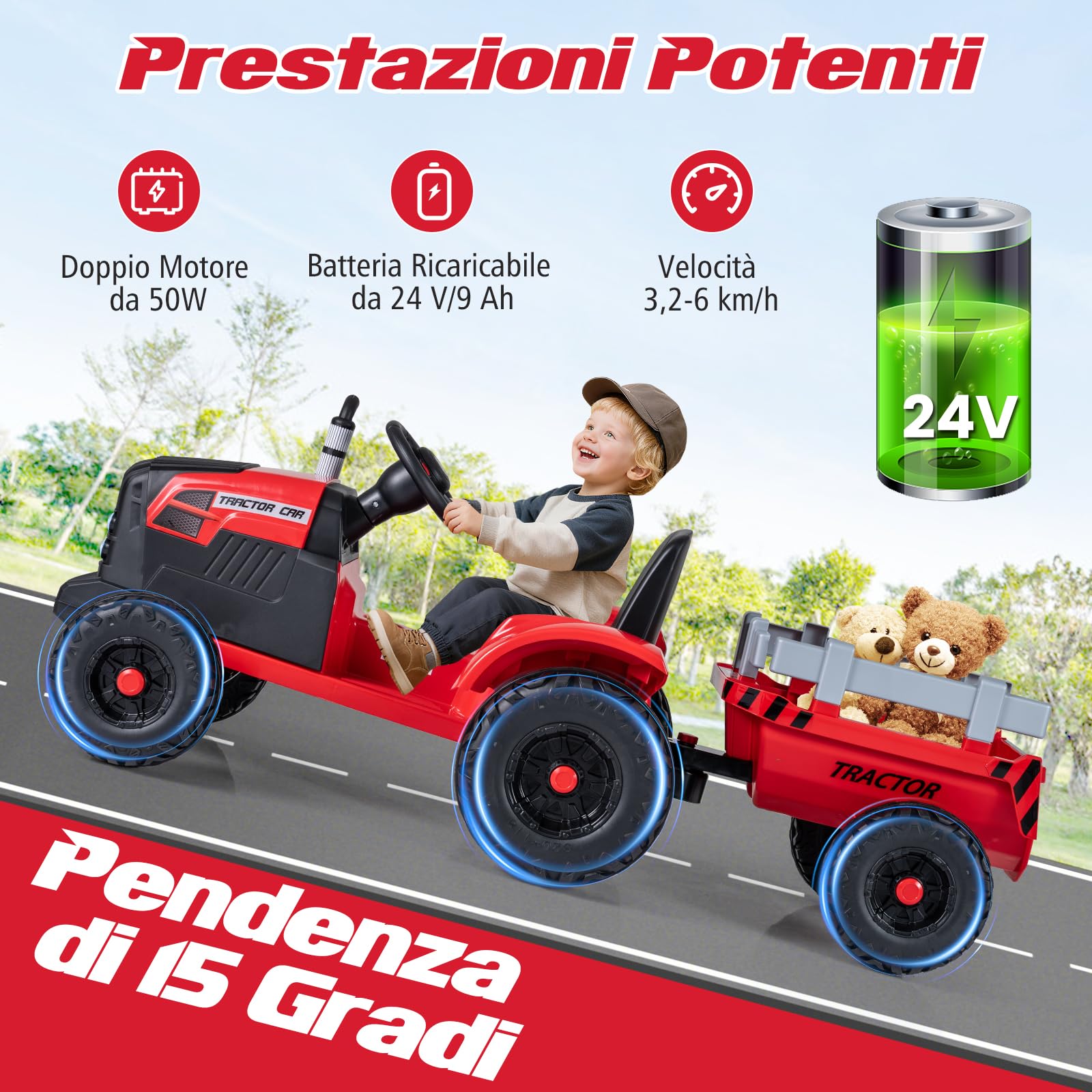 COSTWAY 24V Trattore Elettrico per Bambini, Veicolo con Rimorchio Staccabile, Telecomando, Musica, Porta USB, Partenza Morbida, Fari LED, per Bambini 3-8 Anni (Rosso)