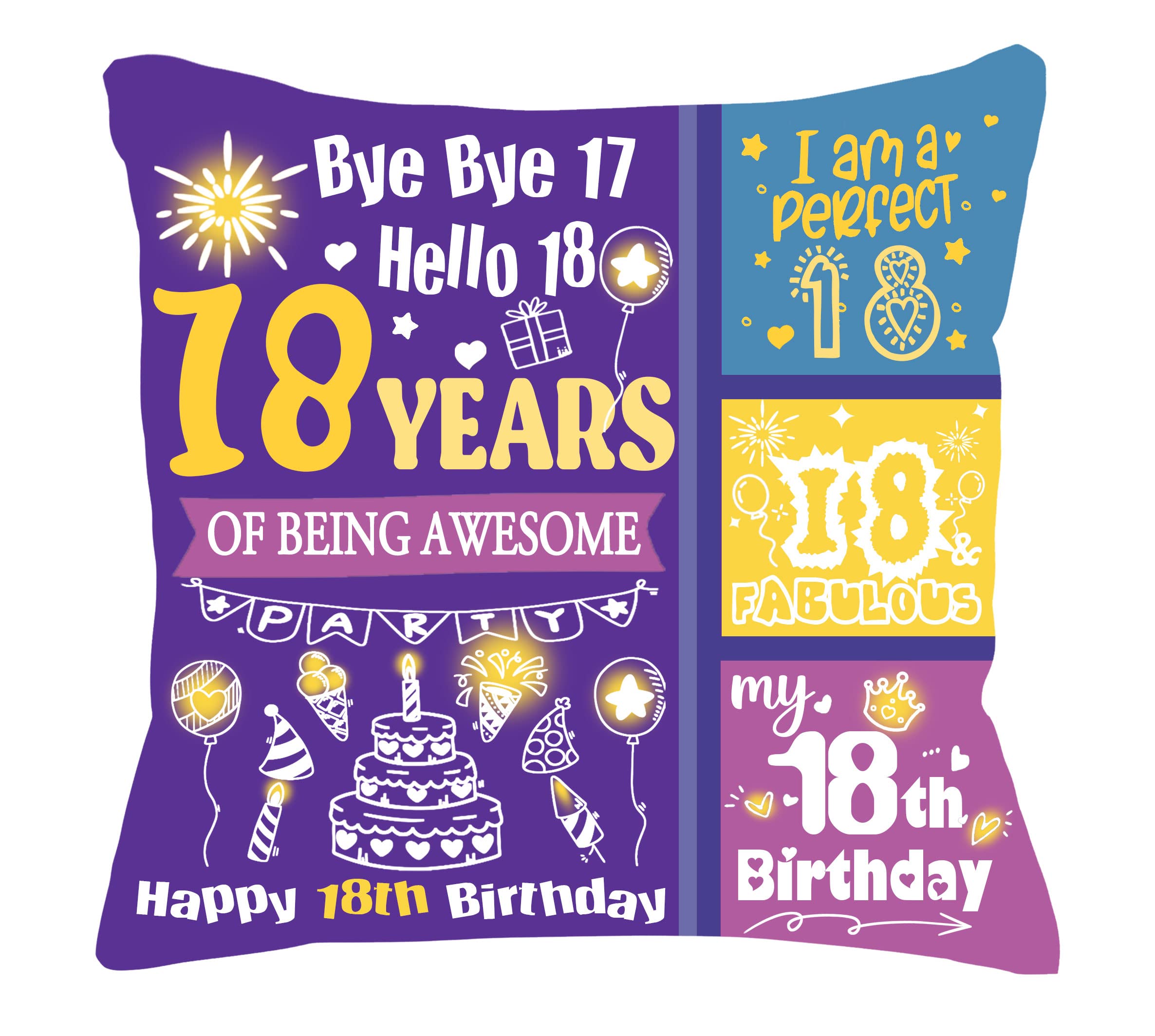 BacmaxomGifts for 18 Year Old 18th Birthday Gifts Decorations Colorful Double-Sided Birthday Throw Pillow Covers 18 x 18 inch - 18th Birthday Present 18 Year Old Gift Ideas for Girls Boys (18th)