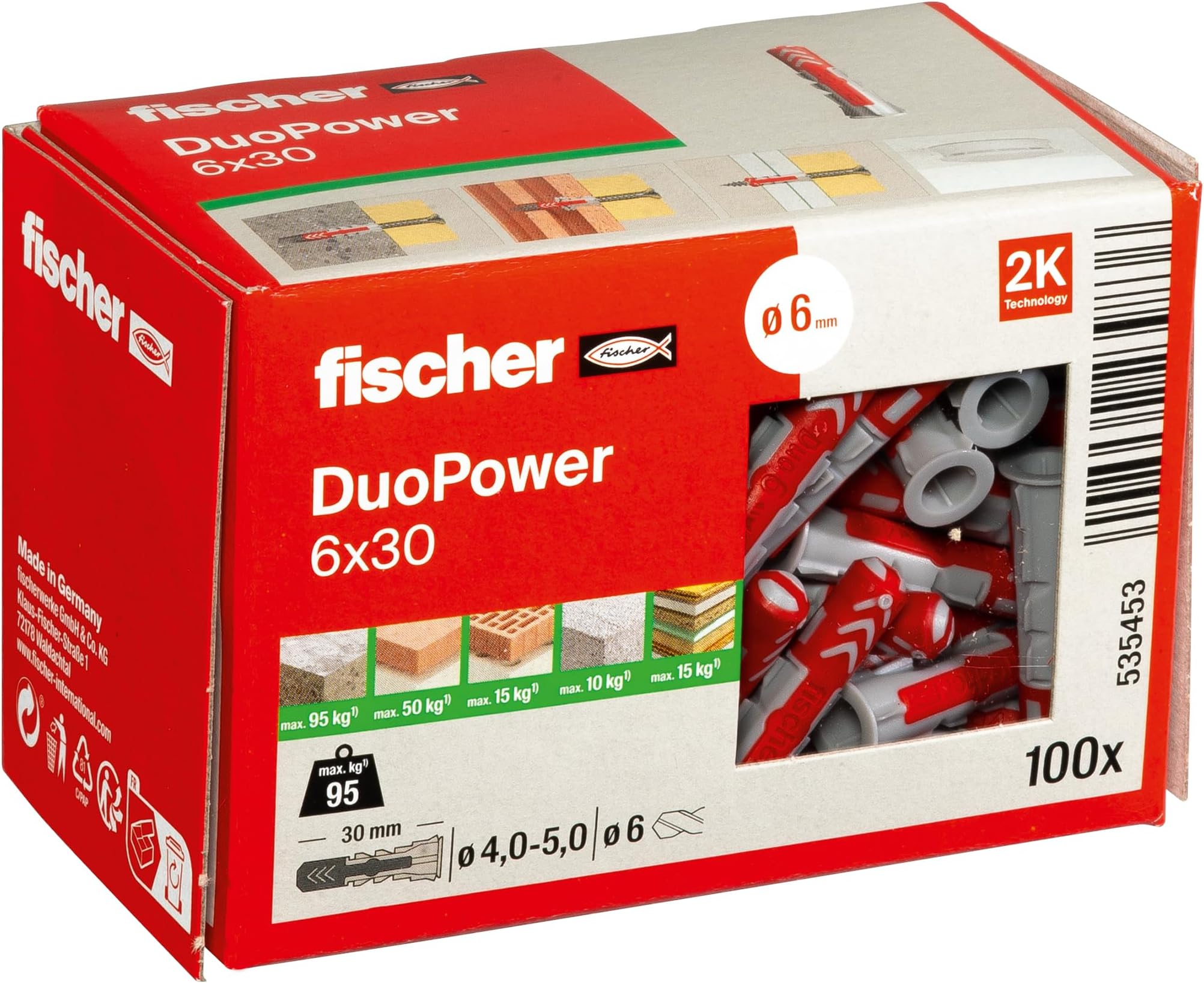 DuoPower 6 x 30, Powerful Universal Plug with Intelligent 2-Component Technology for fastenings in Concrete, Bricks, Gypsum plasterboard, chipboard, etc., 100 Plugs Without Screws