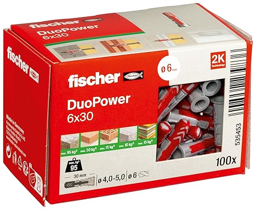 fischer DuoPower 6 x 30, Universaldübel, leistungsstarker 2-Komponenten-Dübel, Kunststoffdübel zur