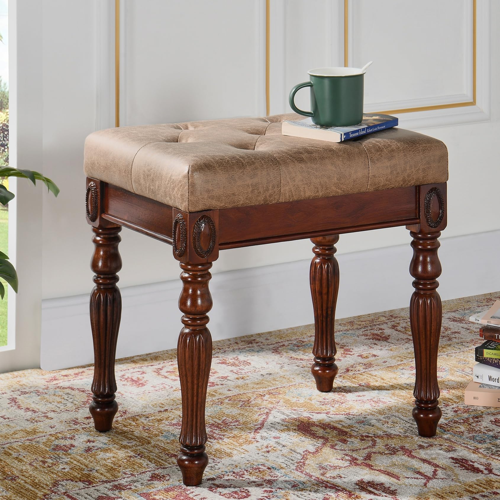 Vanity Bench Stool with Padded Cushion, Piano Bench with Solid Wood Carving Legs, Home Chairs Button Breathing Leather Upholstered Seat, 18.5” x 14.2” x 19.1” Easy Assembly, Yellowish Brown FD1533LT