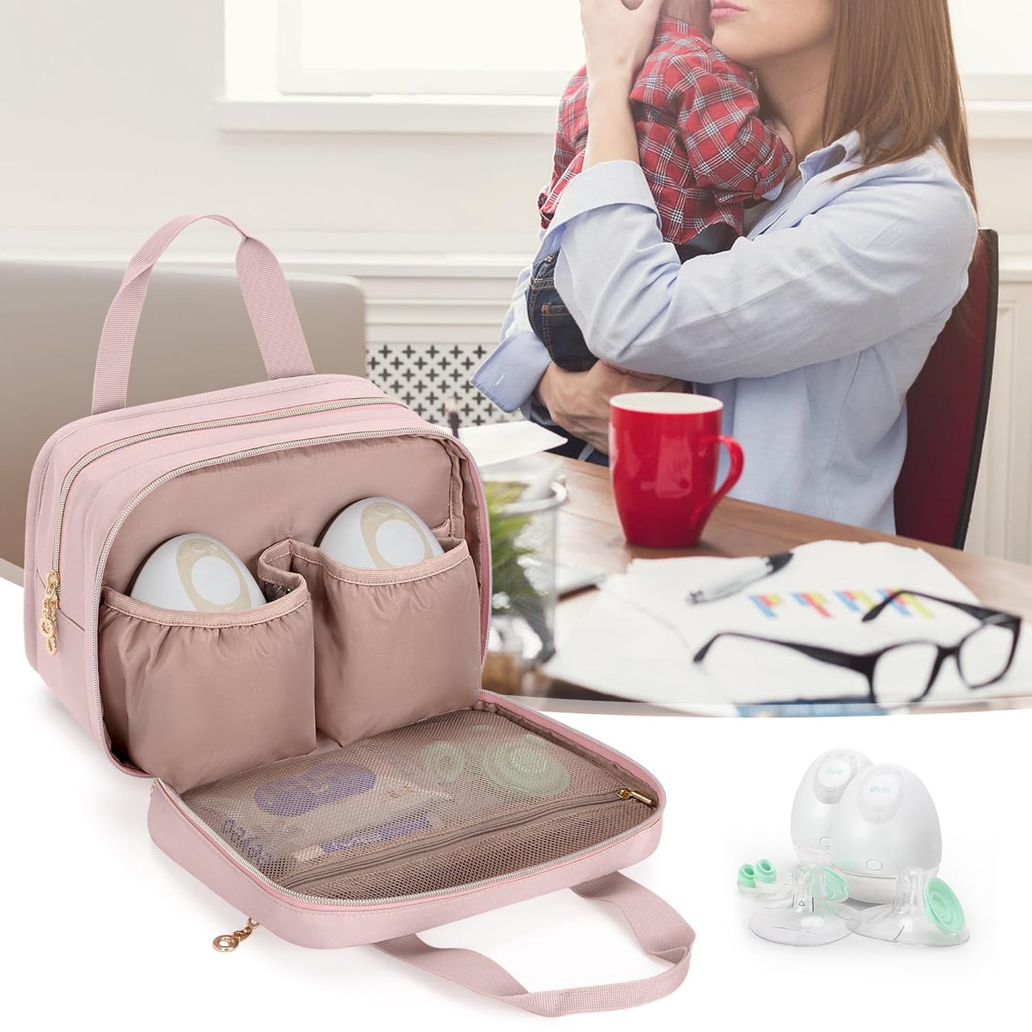 Damero Wearable Breast Pump Bag Compatible with Elvie, Willow and Momcozy Breast Pump, Carrying Case for Wearable Breast Pumps, Pump Parts and More, Pink