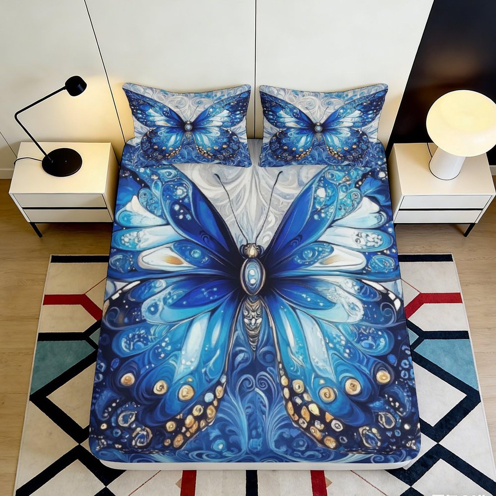 Pnayamiorkfel Style-8 3D Printed Blue Butterfly Fitted Sheet Microfiber Soft Anti-Slip Artistic Bed Cover For Bedroom Guest Room Decor 90X200x25cm