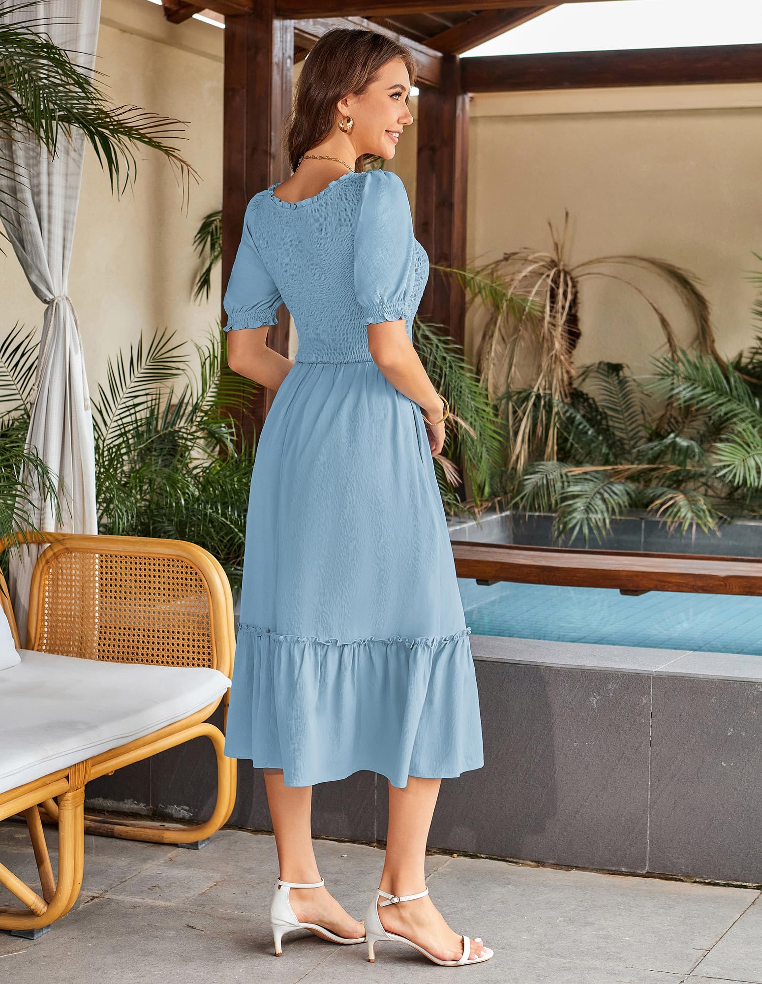 GRACE KARIN Abiti estivi da donna con punto smock una linea swing abiti da spiaggia con scollo quadrato elastico petto abiti per le vacanze quotidiane