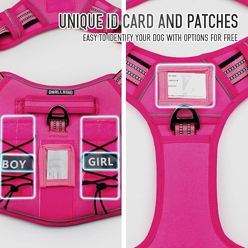 Miniatura 7 de Arnés táctico para perros medianos y grandes, arnés rosa para perro con tarjeta de identificación, arnés reflectante de senderismo para