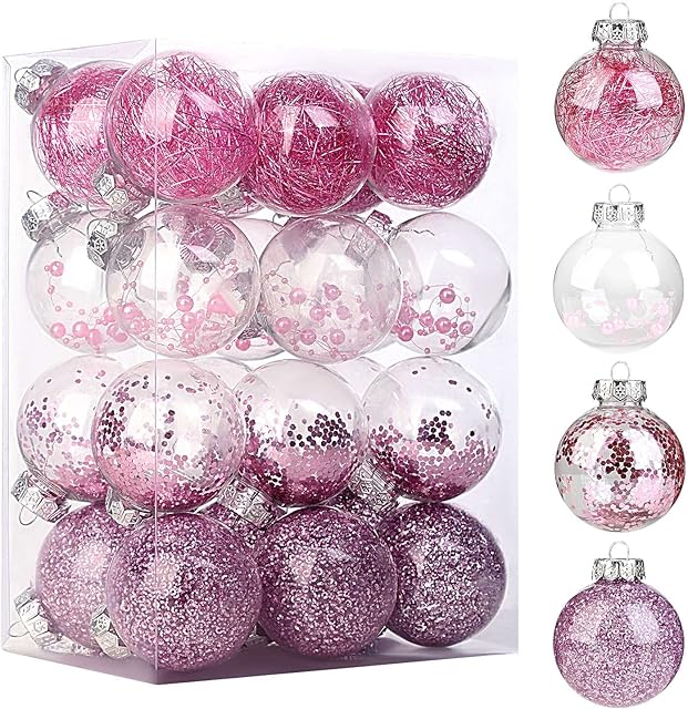 Lanpn Christmas Baubles Set, Shatterproof Xmas Clear Plastic Ornaments Balls for Christmas Tree Hanging Decorations (Pink, 7cm/24pcs)