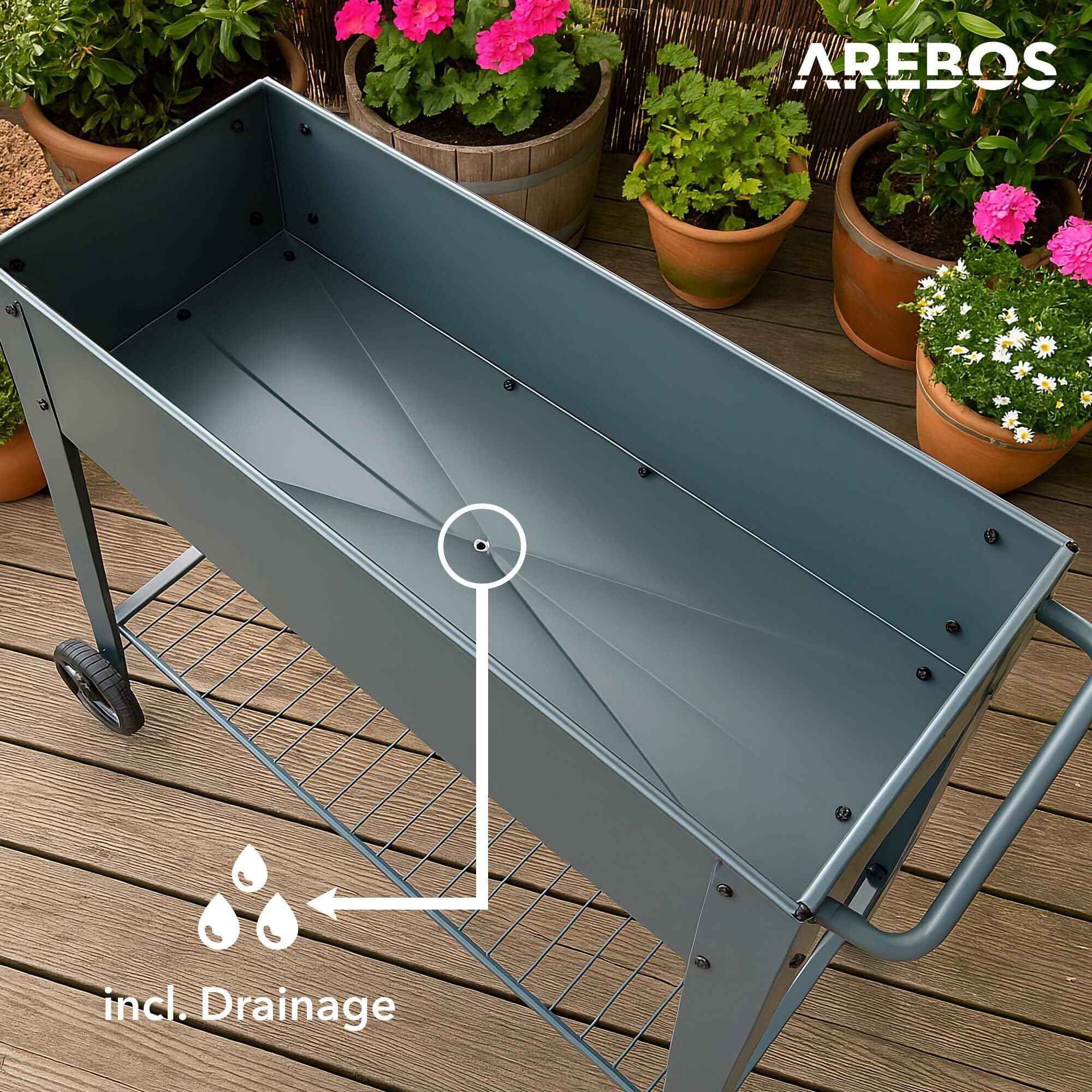 AREBOS Aiuola Rialzata con Ruote e Ripiano 108×51×80 cm | Fioriera da Giardino e Balcone | Orto Rialzato per Verdure e Erbe | Ideale per Terrazzo