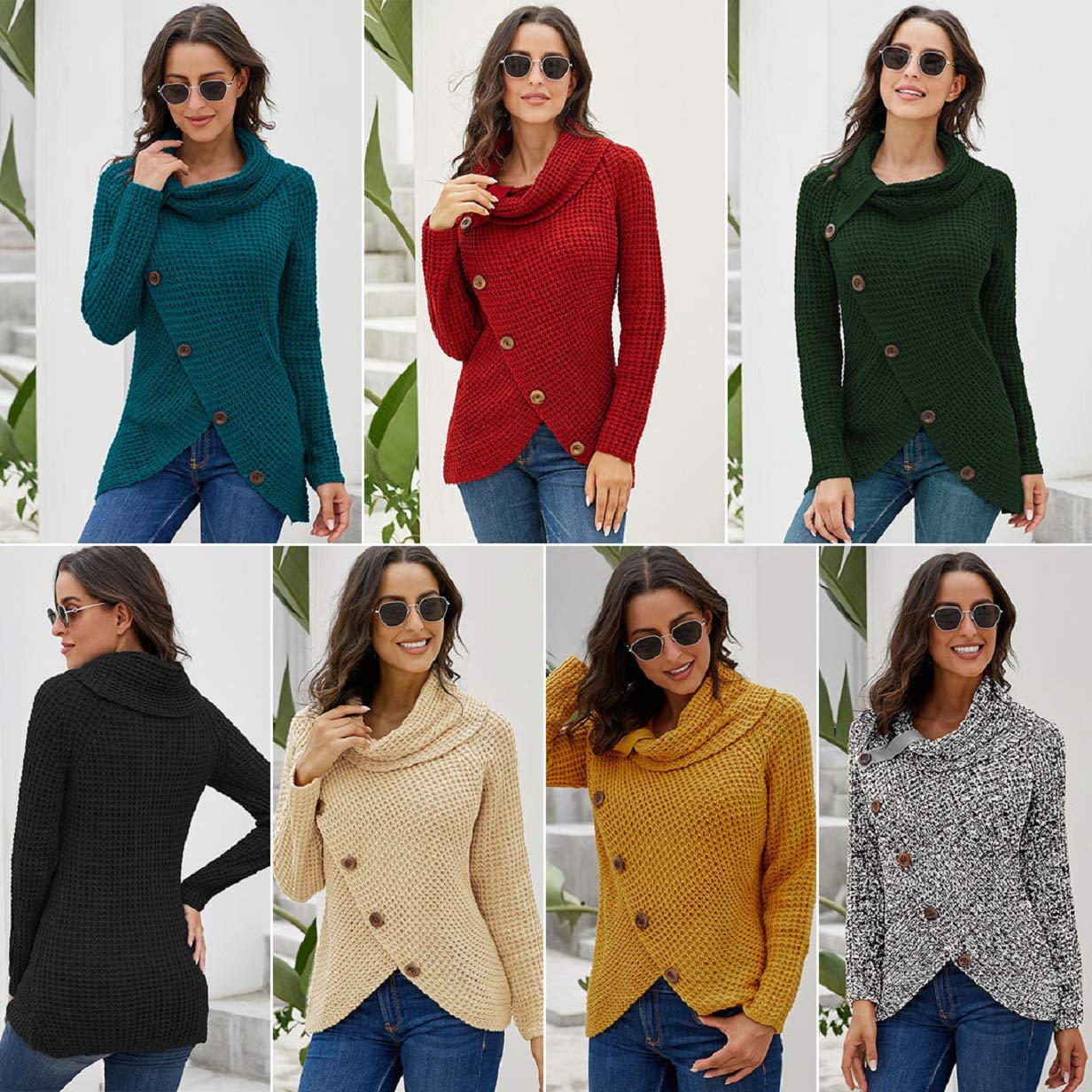 Tuopuda Femme Pull à Manches Longues Chandail Elégant Pullover Col Roulé Hauts Tricot Sweater avec Boutonné Croisé Tricot Décontracté Ourlet Asymétrique Automne Hiver