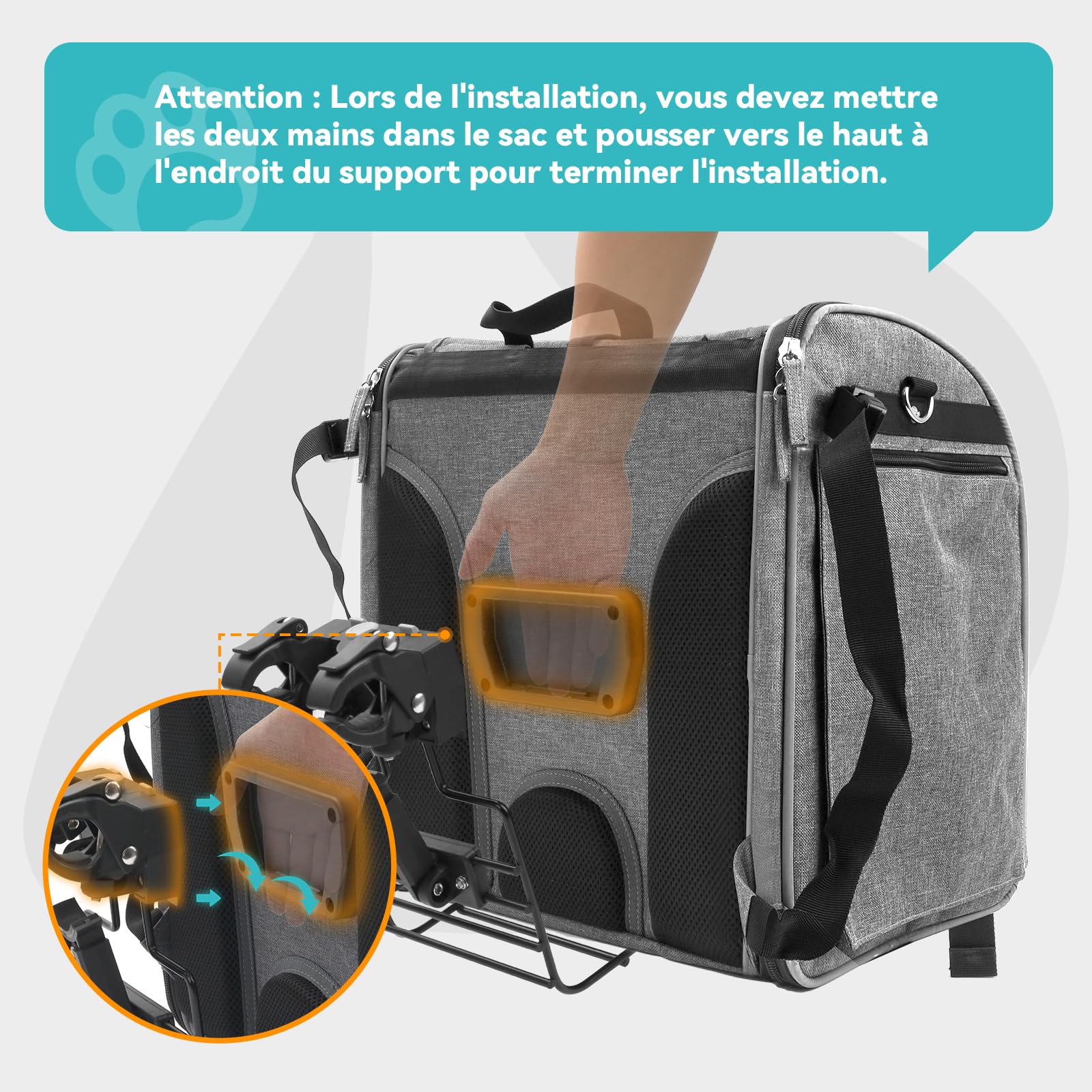 DAISTERN de BSWAY Panier Vélo Avant pour Chien Chat avec Support Ultra-Robuste en L Φ55mm, Sac de Transport 4 en 1 jusqu'à 9KG, Respirant, Bande Réfléchissante, Coussin Confortable Imperméable