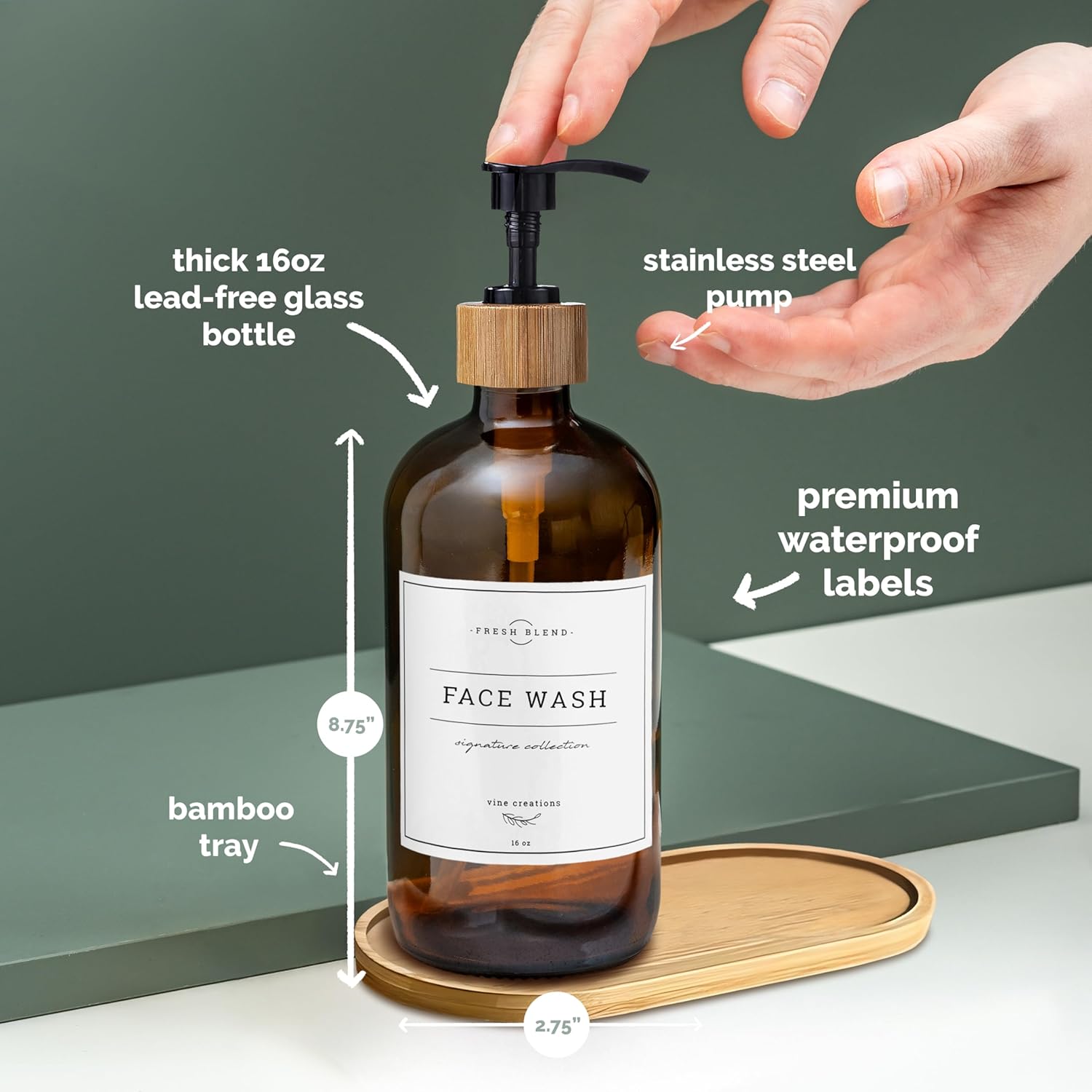 Vine Creations Amber Glass Soap Dispenser Set - Kitchen Soap Dispenser Set with Tray - Bamboo Dish Soap and Hand Soap Dispensers Set for Bathroom - Modern Kitchen Decor with Waterproof Labels - Image 4