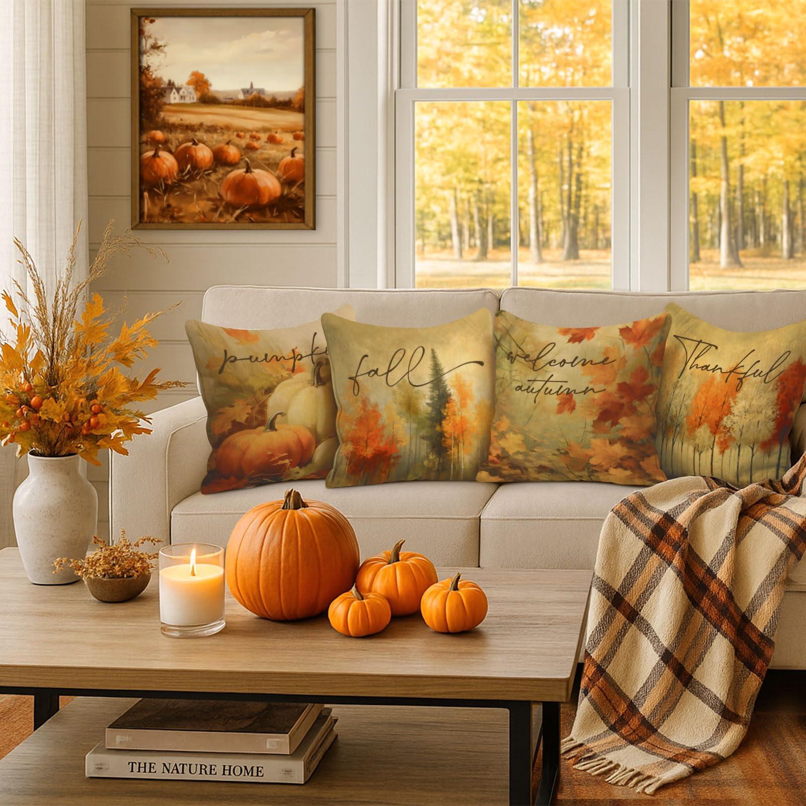 Benjia Juego de 4 Fundas Cojin Otoño 45x45 cm, Acuarela Calabaza Forest Hoja de Arce Fundas de Almohada día de Gracias Halloween sofá Decoración Hogar 45 x 45 cm Decorativa de Almohada de Vacaciones