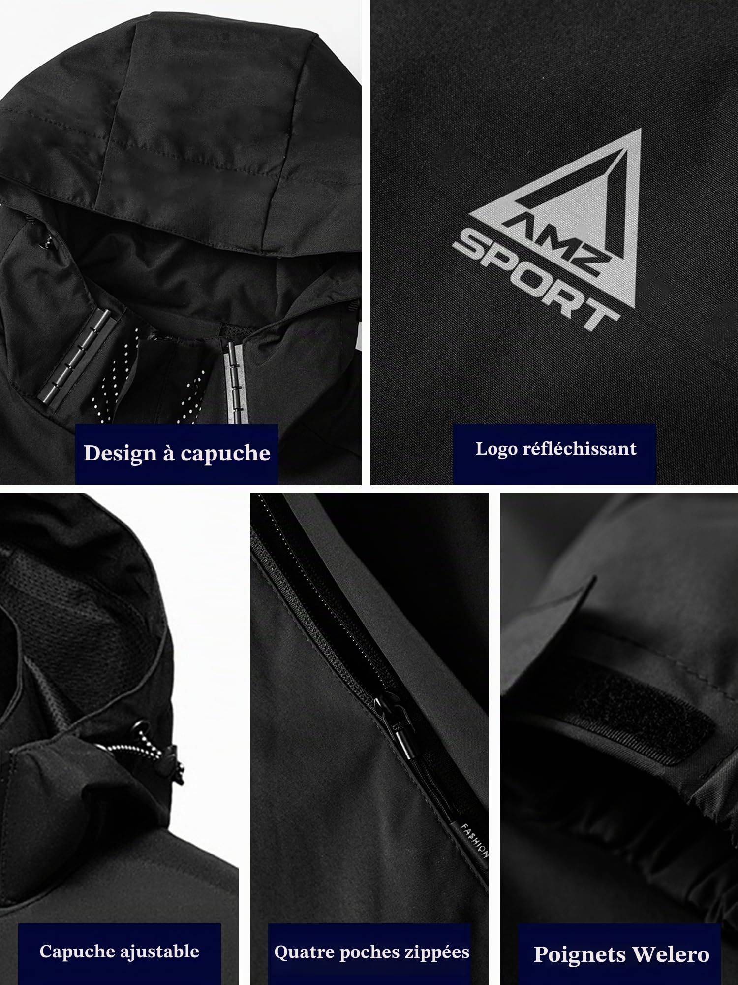 AMZSPORT Homme Veste coupe-vent et imperméable légère à capuche Imperméable Légère et Pliable Respirante pour Randonnée,Running,Voyage,Randonnée