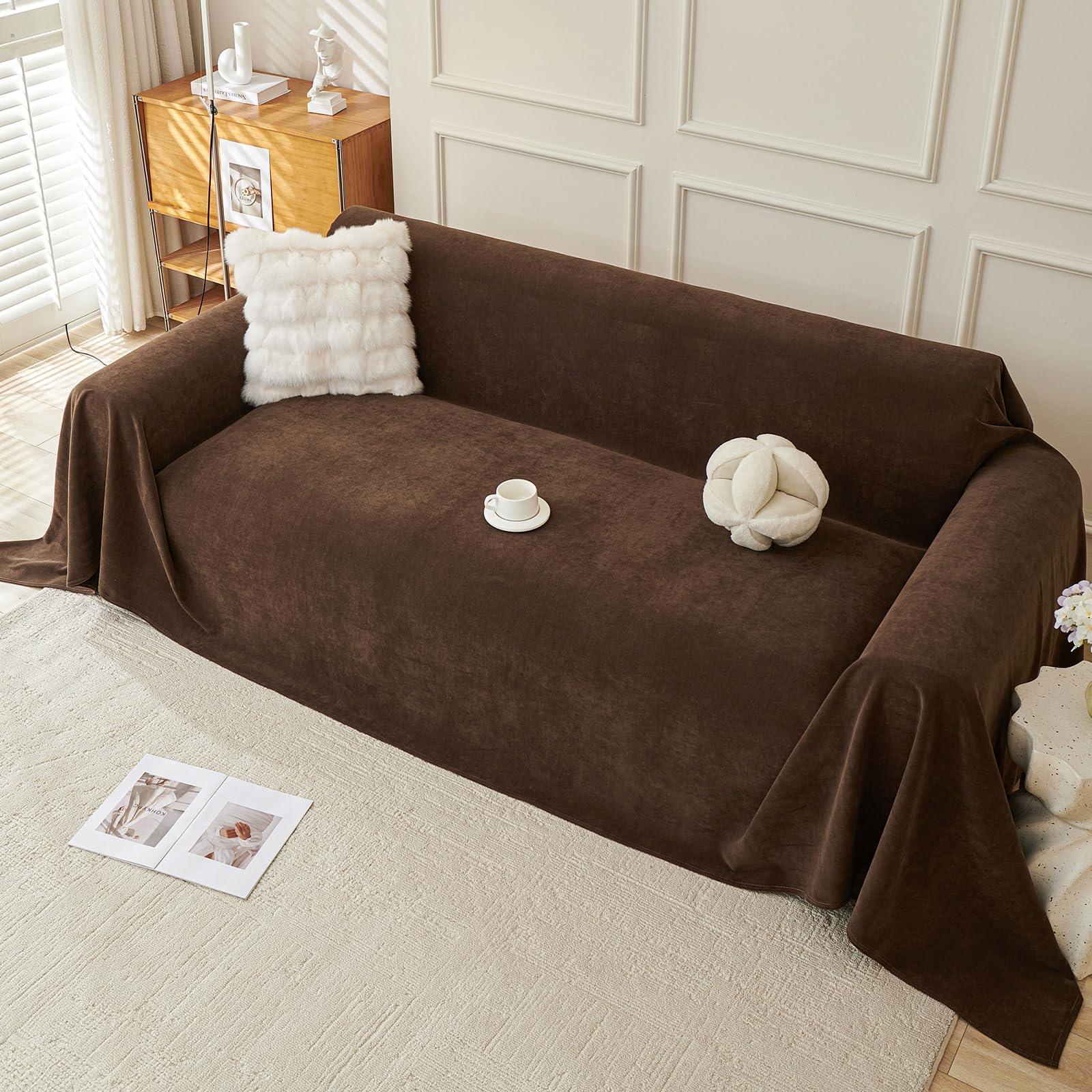Royhom Sofa Überzug, Chenille Couch Überzug Ecksofa, Sofabezug L Form, Sofa Schutzdecke, Sofahusse mit Armlehne, Sofaüberwurf Decke Weich und Bequem, Brown, 340x180 cm