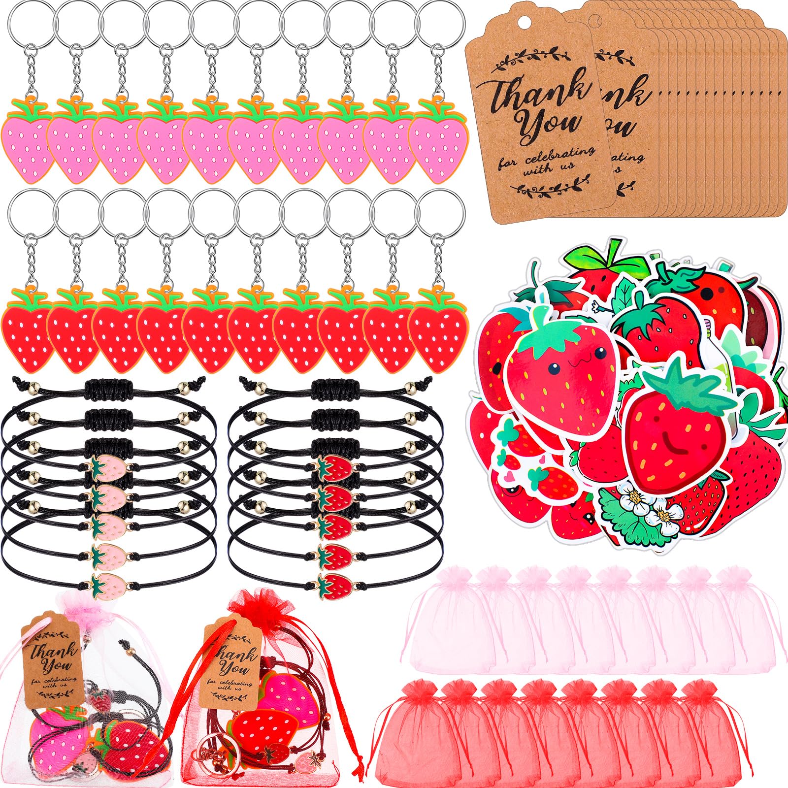 Tuanse 130 Pcs Strawberry Party Favors Including Strawberry Keychains Adjustable Bracelets PVC Stickers Thank You Kraft Tags Organza Bags for Birthday Party Wedding Reward