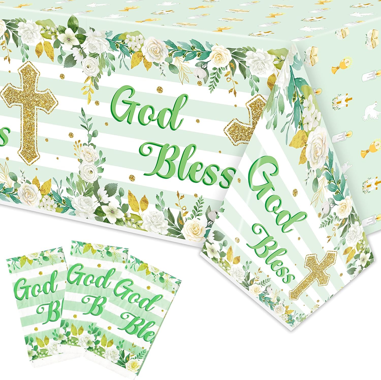 BeYumi 3-Pack Green Baptism Themed Tablecloths - Waterproof God Bless Cross Religious Rectangle Table Covers for First Communion, Baby Showers, and Children's Parties (54x108 Inches)