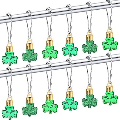 Juego de 12 ganchos para cortina de ducha del día de San Patricio tréboles decoración para cortina de ducha anillos de acero inoxidable resistentes