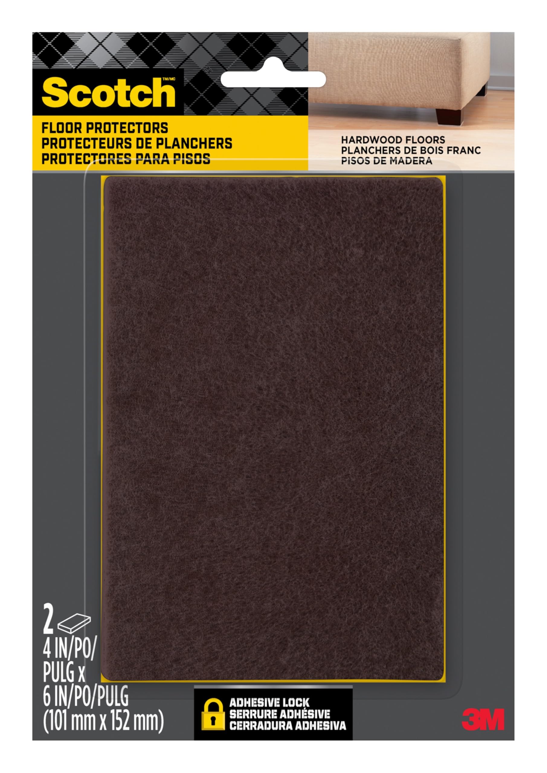 Felt Pads Brown, 2 Large Pads 4 x 6 in, Felt Furniture Pads for Protecting Hardwood Floors, Easy-to-Apply, Self-Stick Design, Reliable Protection from Nicks, Dents & Scratches (SP820-NA)
