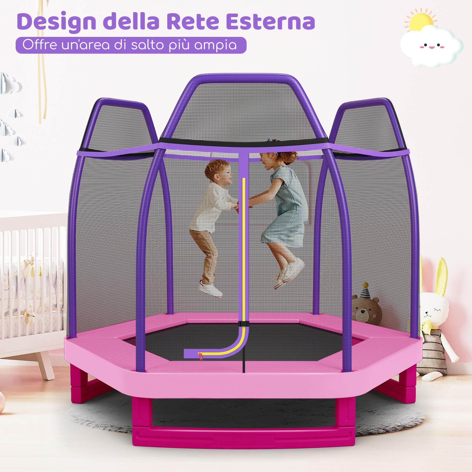 COSTWAY Trampolino Elastico per Bambini 223 cm, Tappeto Elastico per Bambini da Esterno ed Interno con Rete e Cuscinetto a Molle, Portata150 kg, Adatto ai Bambini 3+ Anni