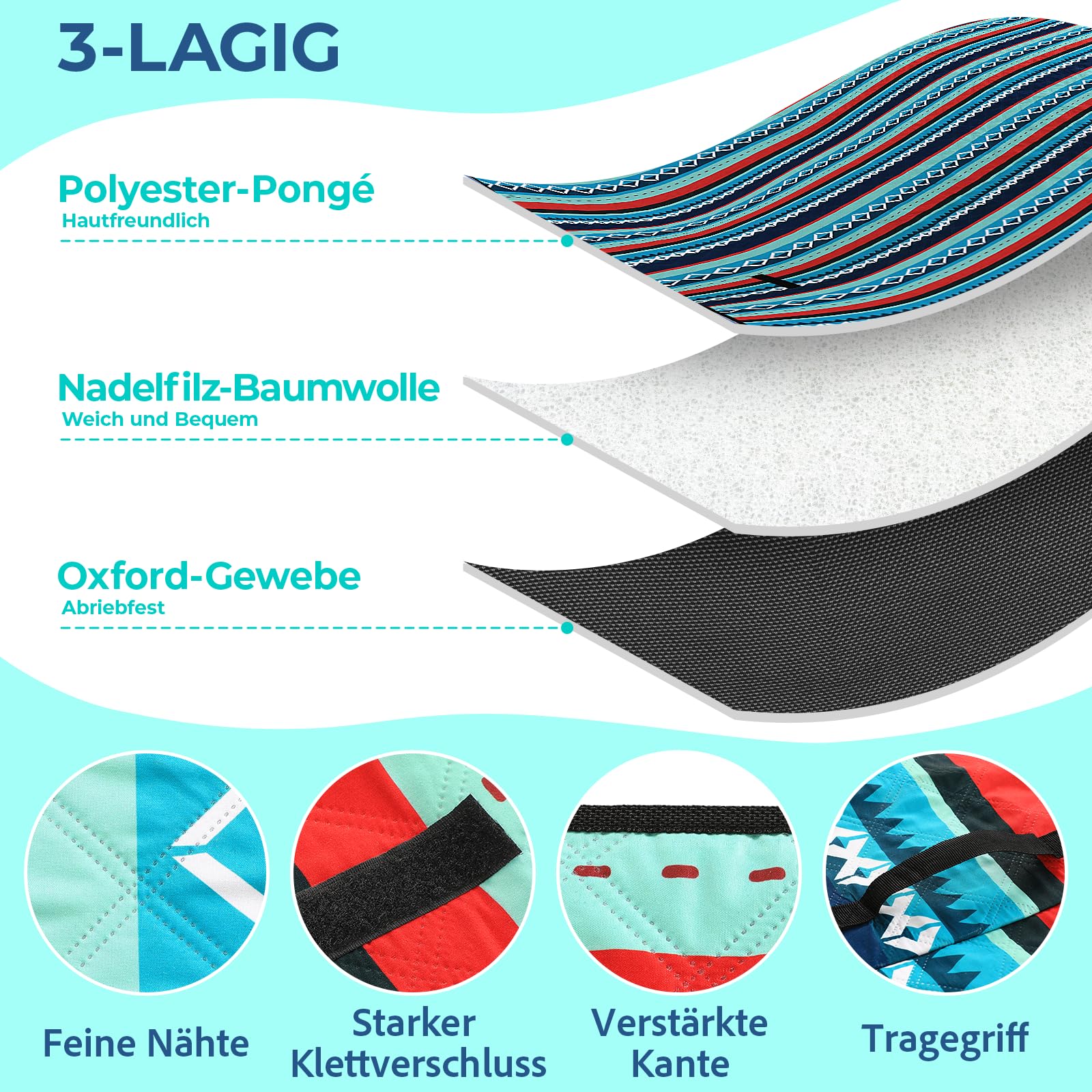 Couverture De Pique-nique XXL 300x300 Cm - Pour 20 Personnes - Lavable Machine - Plage, Camping, Parc - Avec Poignée