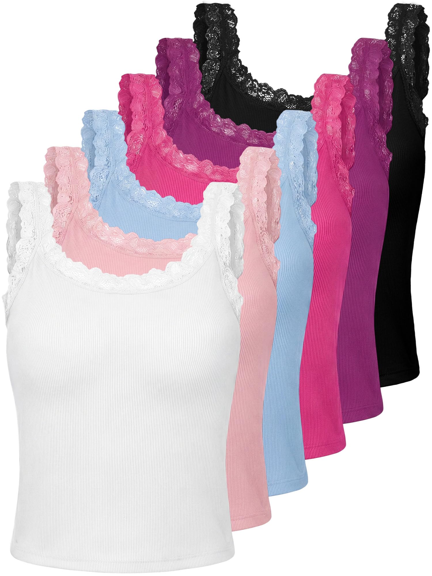 Hicarer 6 Pieces Lace Camisole Tank Tops Lace Trim Camisole Straps Womens Cami Undershirt Ribbed Tank Tops for Women