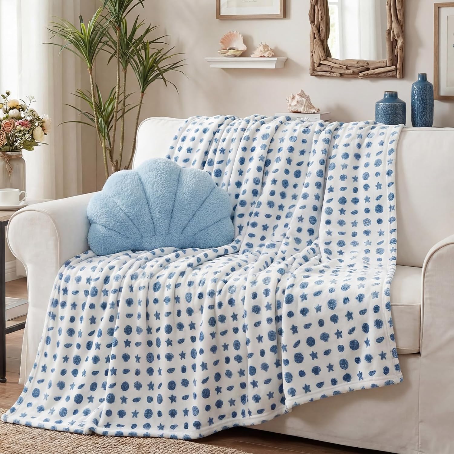SmoothNovelty 2 Pack Coastal Throw Blanket and Seashell Throw Pillows Set Include Blanket 50x60in Dusty Blue Pillows Ocean Beach Soft Decor Home Starfish Seashell Print for Gifts Sofa Bed Home