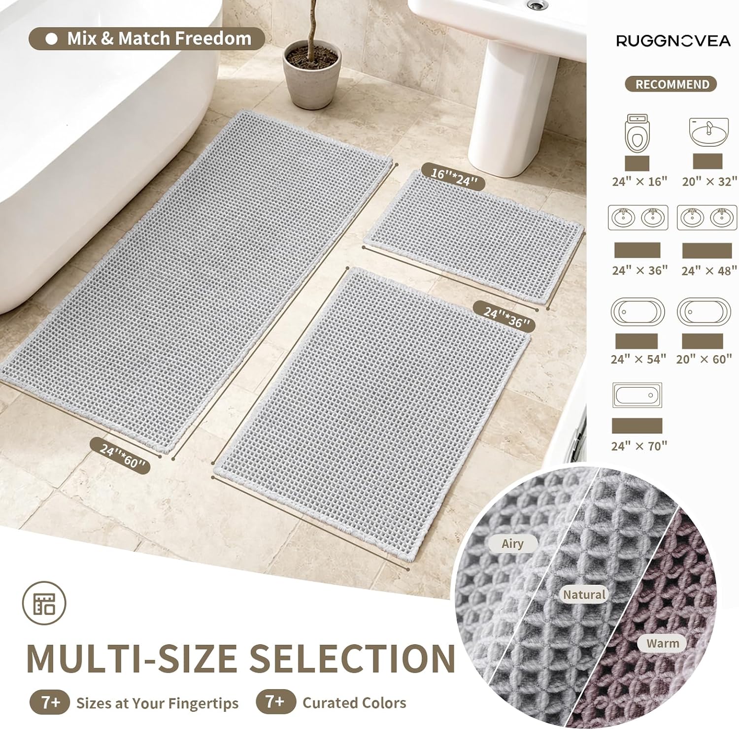 Waffle Bath Mat Non Slip Washable, Super Absorbent Quick Dry Boho Bathroom Rugs with Tassels, High Density Non Slip Backing, Luxury Carpet for Tub&Shower 24x16, Light Grey