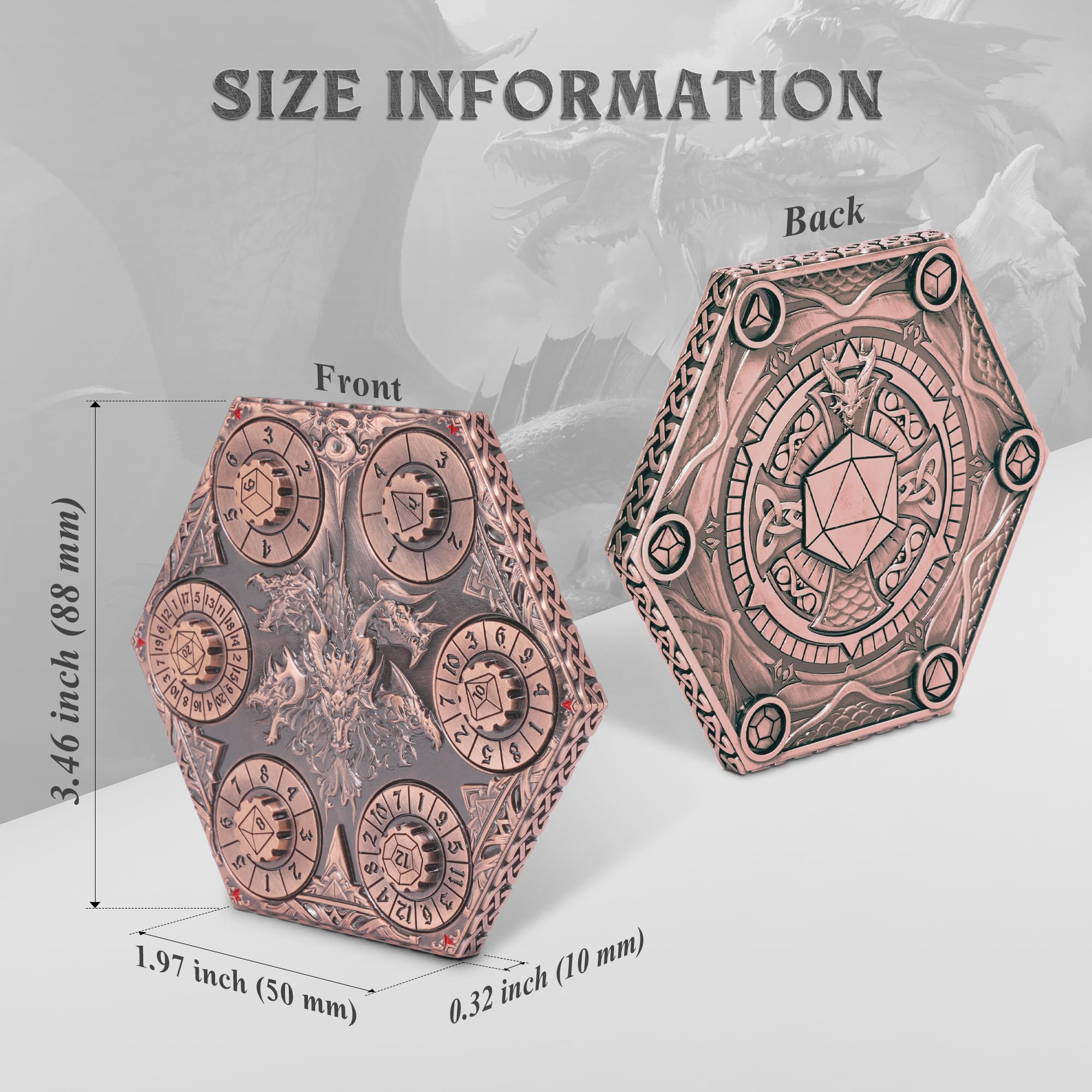 Kabinka DND - Juego de dados 7 en 1 de metal con esfera giratoria con bolsa de almacenamiento, dados portátiles de nudo celta D&D para juegos de mesa D4/D6/D8/D10/D12/D20 (cobre rojo)