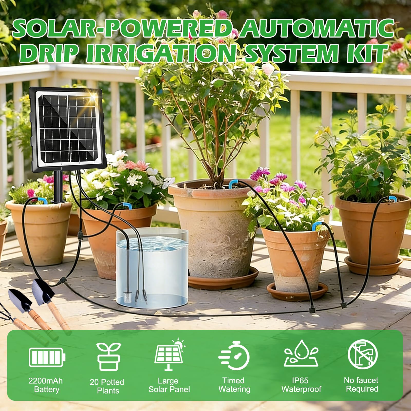 Sistema de riego solar, sistema de riego automático de jardín, kit de sistema de riego por goteo con temporizador y manguera de 20 m, dispositivos de riego automático de 6 modos para plantas, balcón