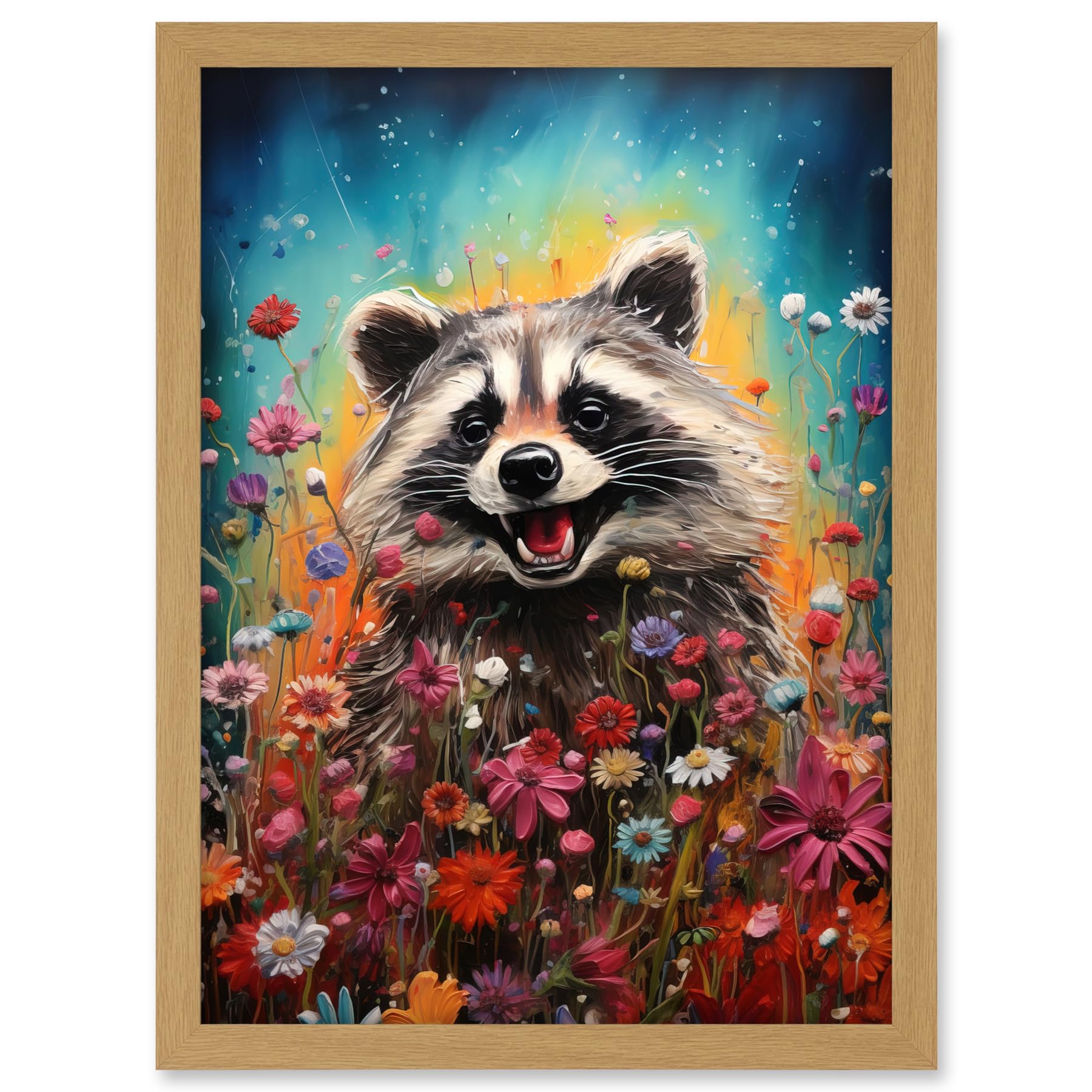 Artery8 Gleeful Racoon Quirky Portrait Spring Makes Everything Better Oil Painting Kids Bedroom Blooming Wildflower Meadow Artwork Framed A3 Wall Art Print