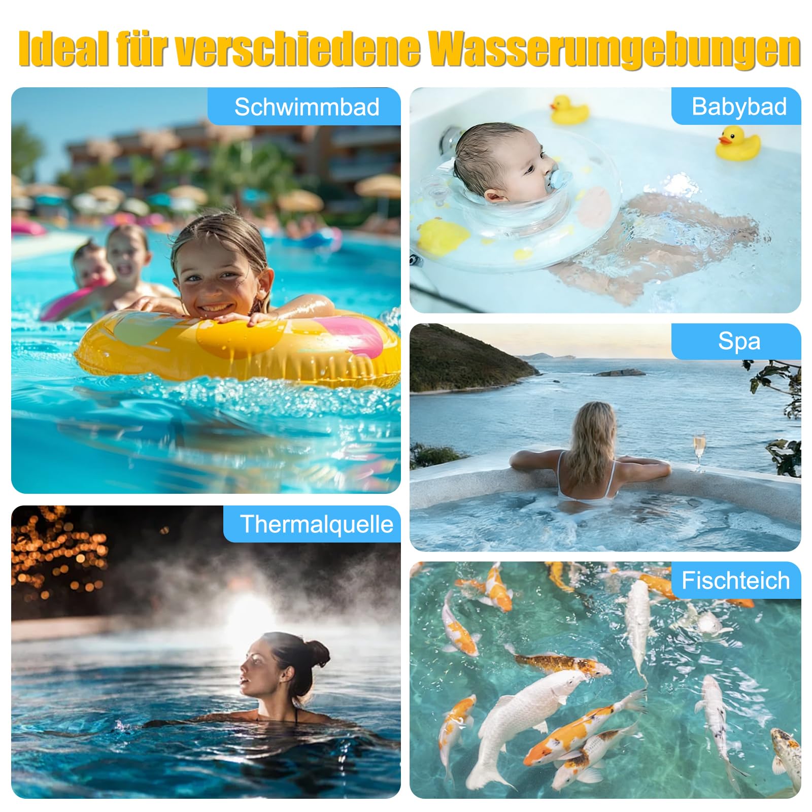 Solar Funk Pool Thermometer Schwimmend – Digitaler Wassertemperaturmesser mit Innen-/Außenfühler für Schwimmbad, Whirlpool, Teich & Aquarium (Batterien nicht enthalten)