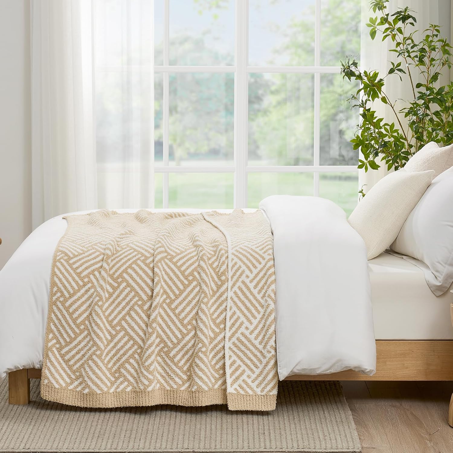 Snuggle Sac Ultra Soft Boho Throw Blanket for Couch Sofa Bed 50x60 inches, Reversible Beige Striped Blanket Microfiber Fluffy Fuzzy Cozy Knit Soft Throws Birthday Gifts for Women - Image 7