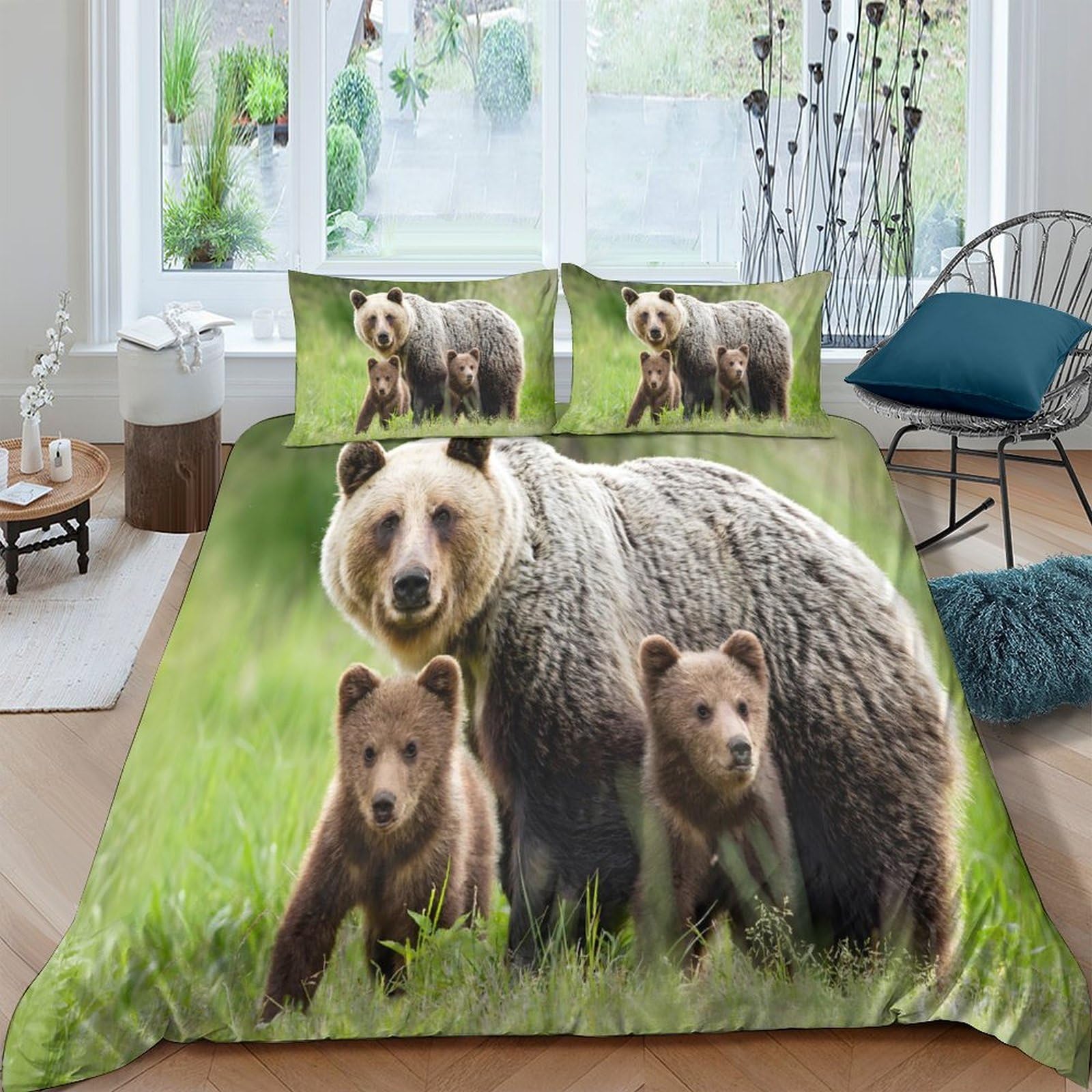 GPLZQXKJNH 3D Printed Brown Bear Forest Duvet Cover Microfiber Soft Breathable Wildlife Cubs Bedding Set with 2 Pillowcases for Bedroom Decor Single（135x200cm）