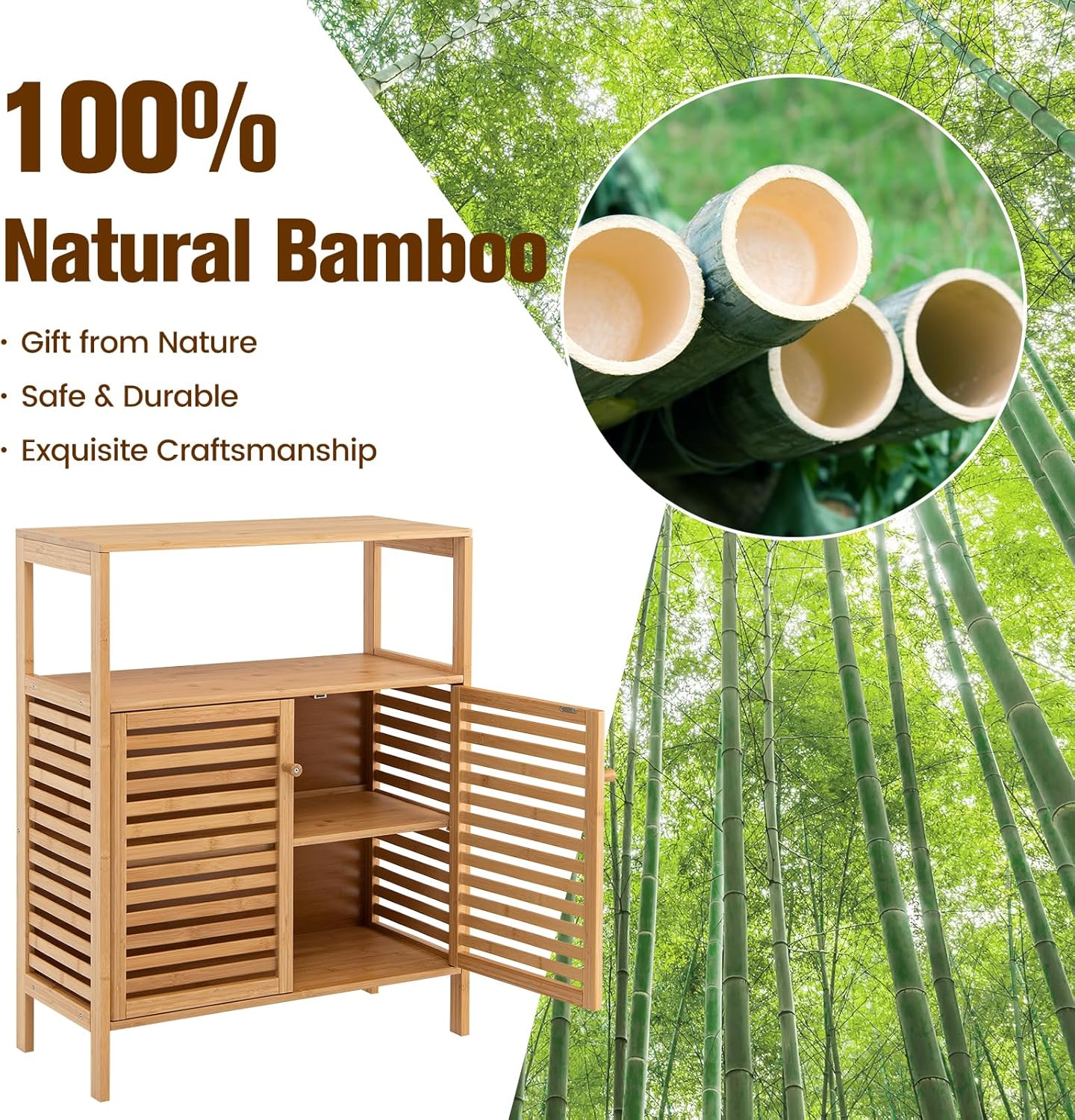 LDAILY LUARANE Storage Cabinet, Bamboo Cabinet w/ 2 Louvered Doors & Open Shelf, Bathroom Storage Cabinet for Living Room, Home Office, Kitchen, Natural