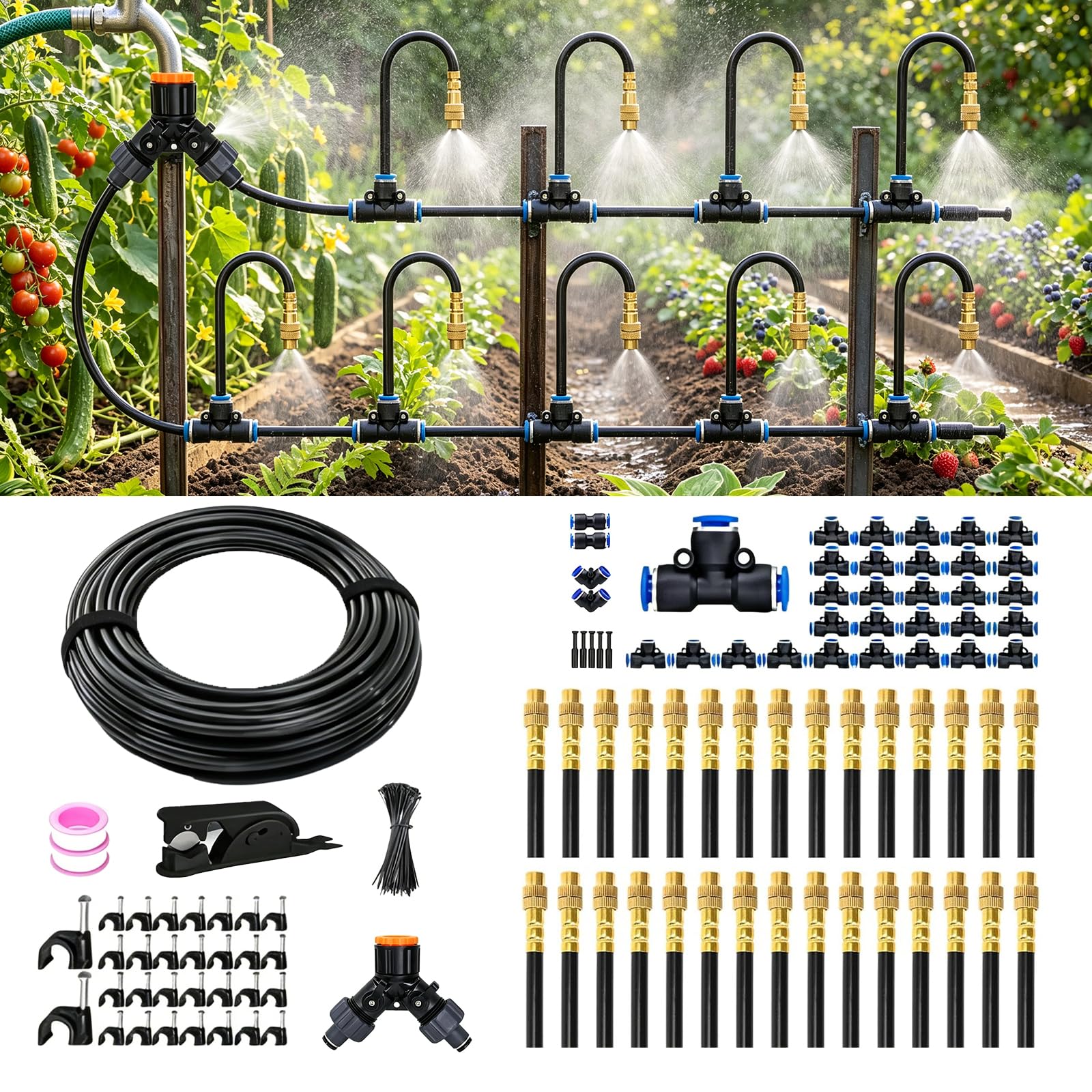 Système d'irrigation goutte à goutte de 30 m, système d'arrosage automatique de jardin avec 30 buses en cuivre, sans outils, brume fine pour jardin, terrasse, plantes en pot, système d'arrosage de